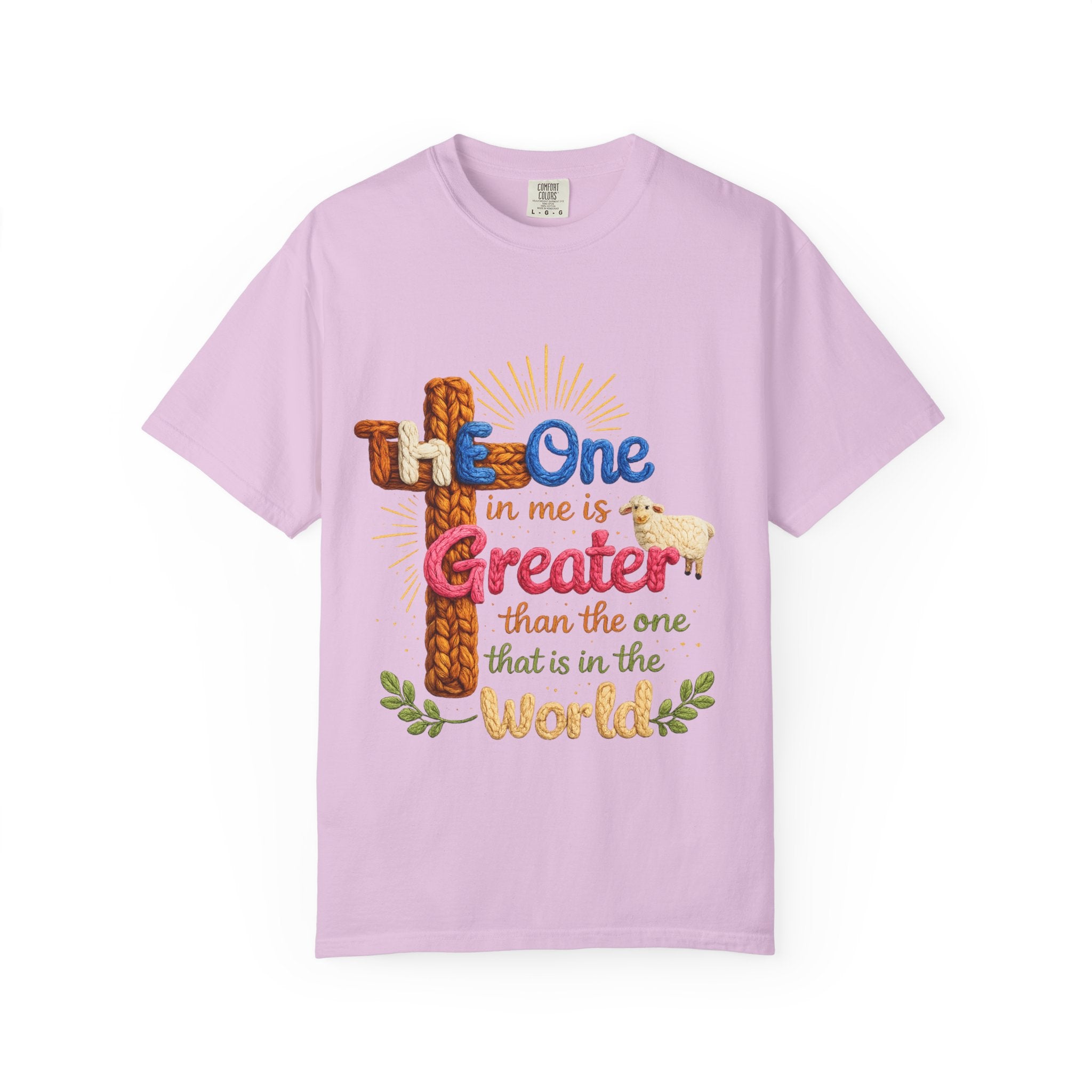 The One in Me Is Greater Shirt – Christian Crochet Style Graphic Tee, Faith Based Inspirational Bible Verse Shirt, Cute Religious Gift for Women