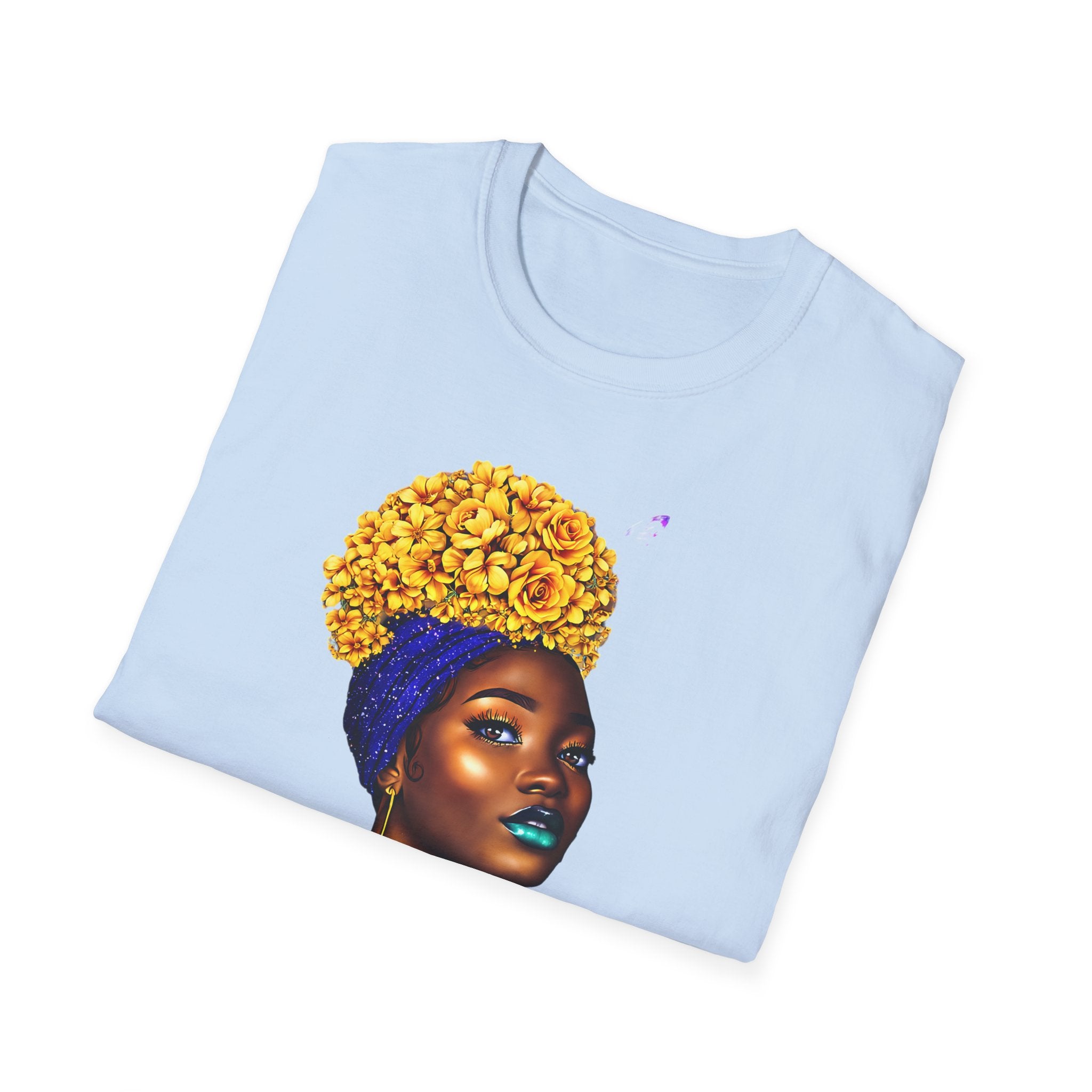 Floral Crown Portrait T-Shirt — Afrocentric Art Tee with Yellow Flower Headwrap