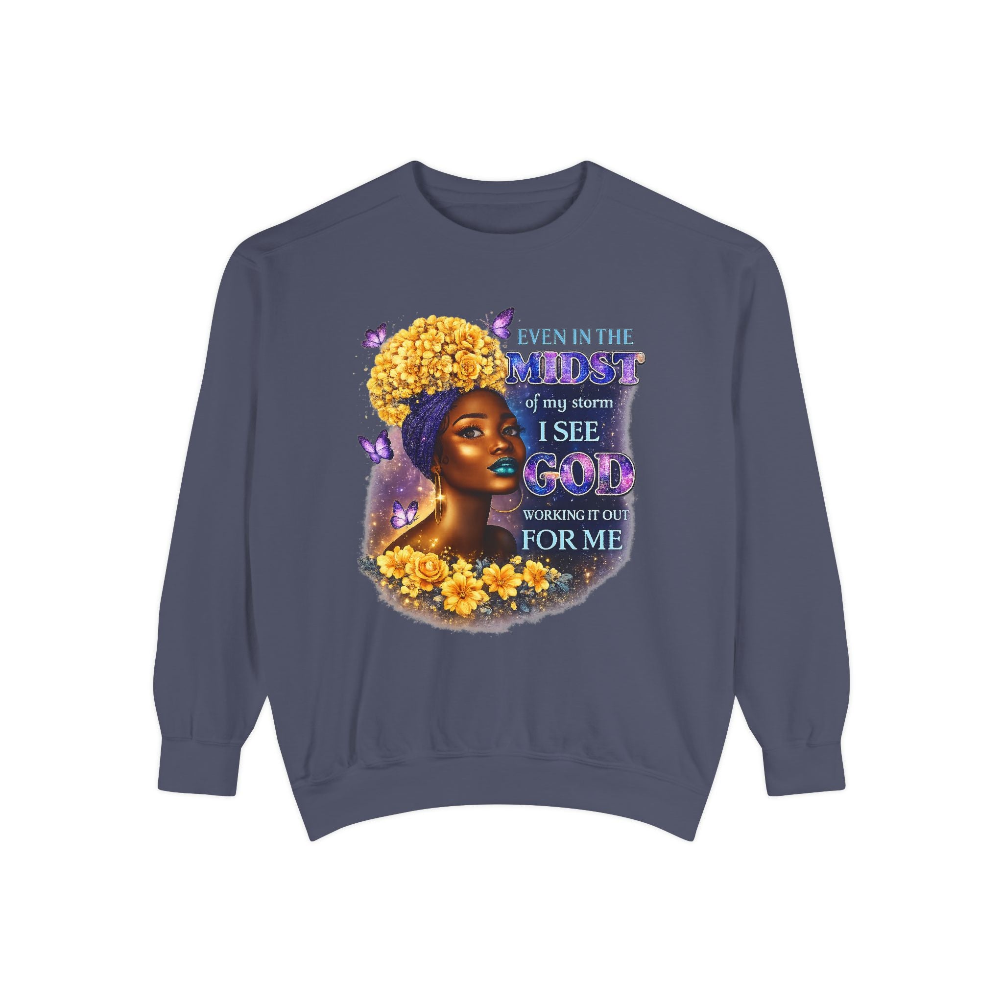 Even In The Midst I See God Sweatshirt – Faith-Based Floral Graphic Crewneck, Inspirational Christian Women’s Sweatshirt, Purple & Gold Aesthetic