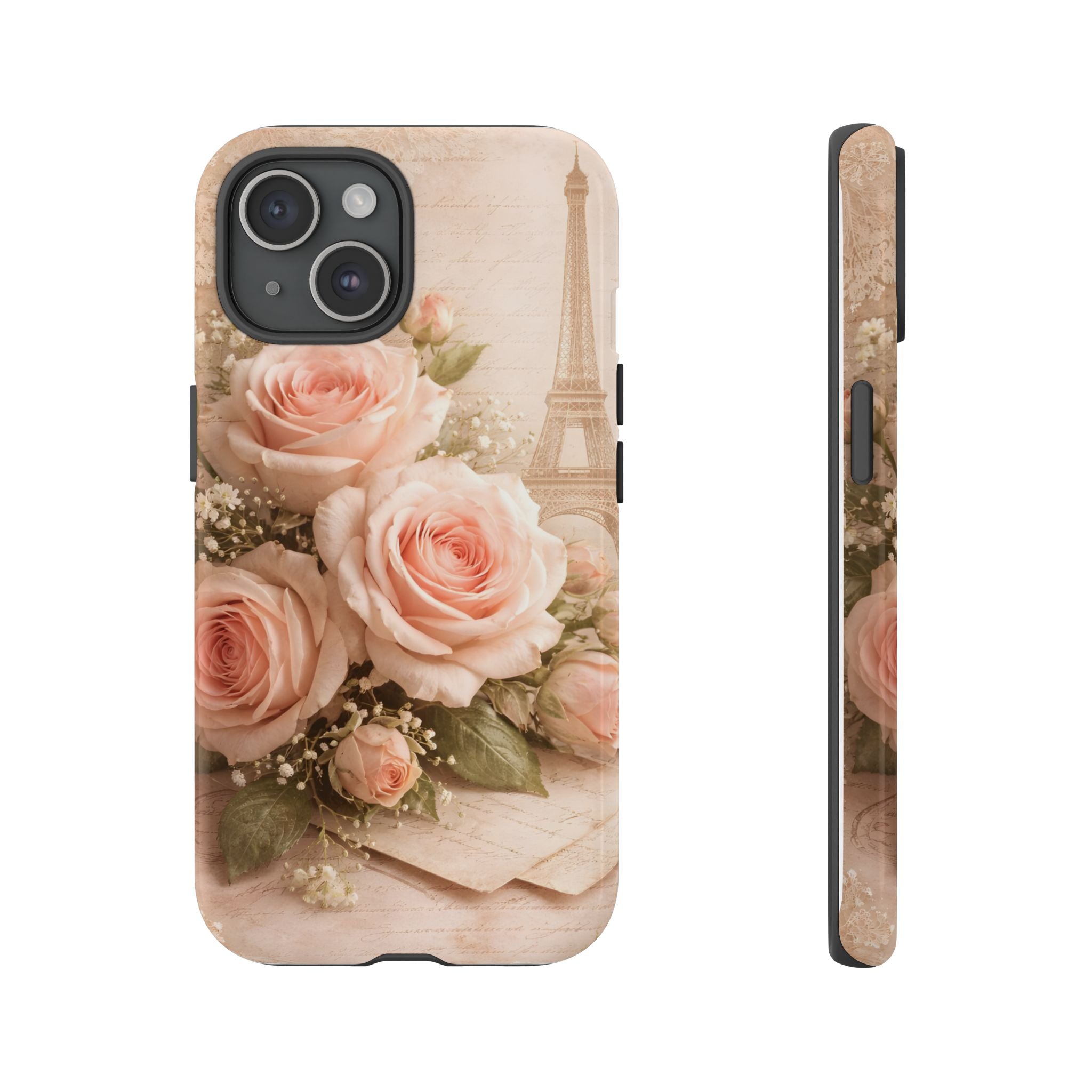 Vintage Parisian Rose Phone Case – Eiffel Tower Floral Aesthetic Luxury iPhone Case, Romantic Antique Paris Phone Cover