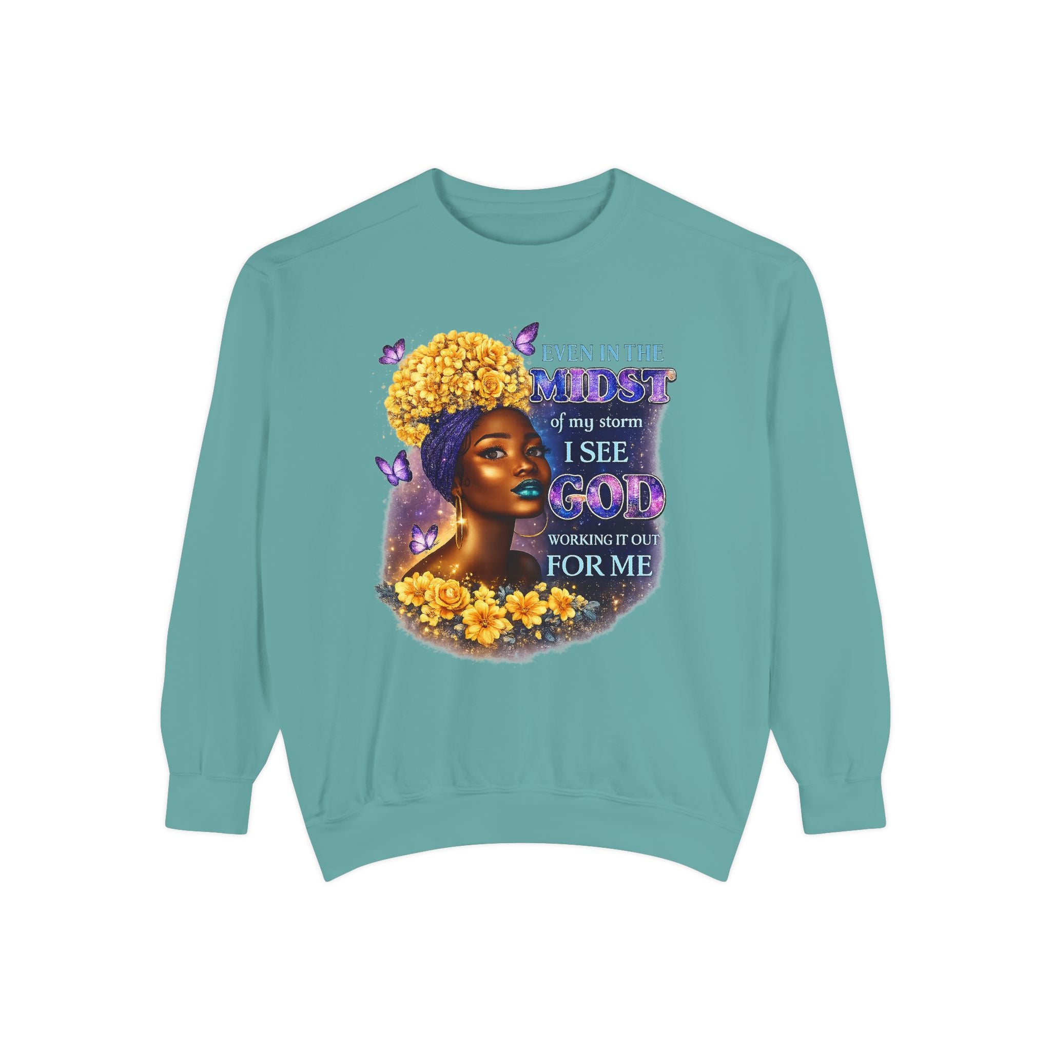 Even In The Midst I See God Sweatshirt – Faith-Based Floral Graphic Crewneck, Inspirational Christian Women’s Sweatshirt, Purple & Gold Aesthetic