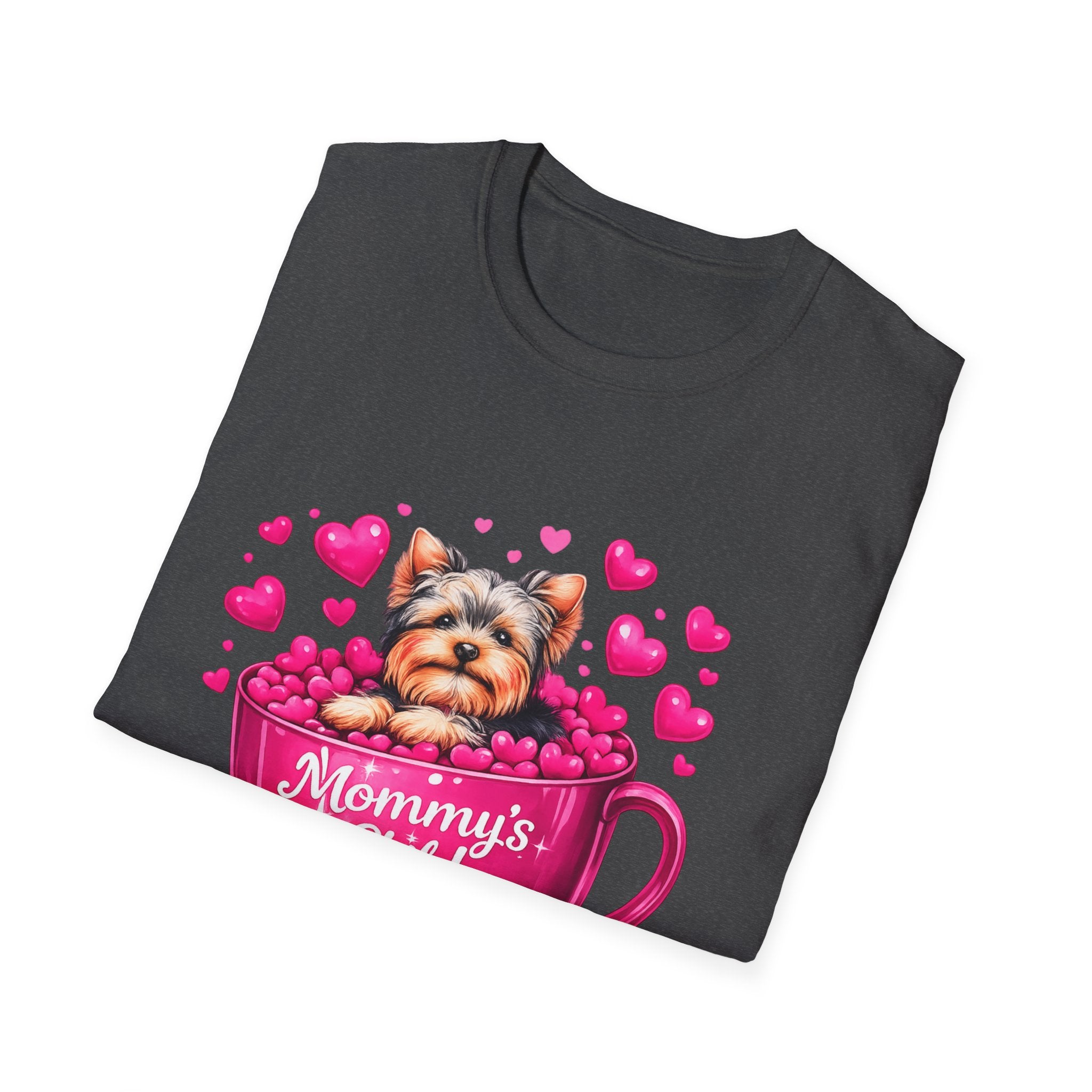 Mommy’s Child Yorkie Shirt – Cute Puppy in Mug Graphic Tee, Dog Lover Gift, Pink Heart Aesthetic, Yorkshire Terrier T-Shirt for Women