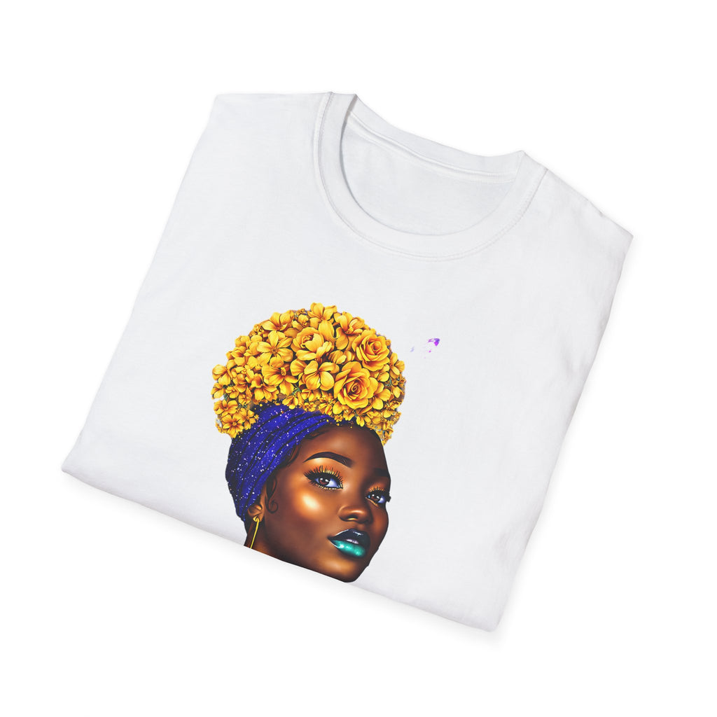 Floral Crown Portrait T-Shirt — Afrocentric Art Tee with Yellow Flower Headwrap