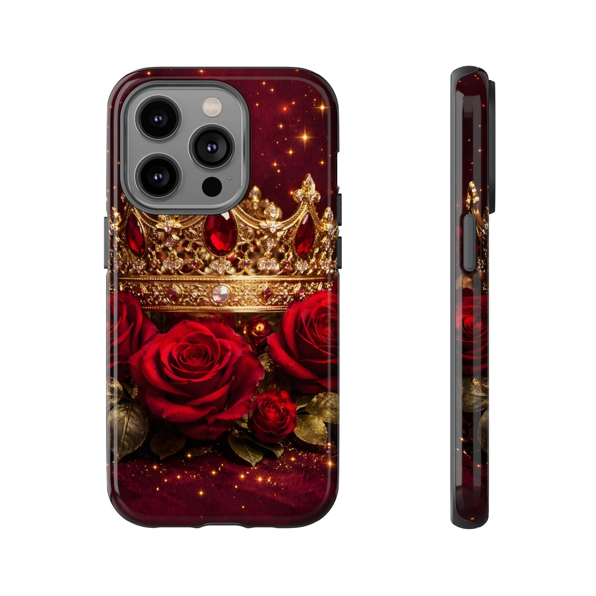 Royal Crown & Red Rose Luxury Phone Case – Gold Crown Burgundy Aesthetic iPhone Case, Regal Queen Floral Phone Cover