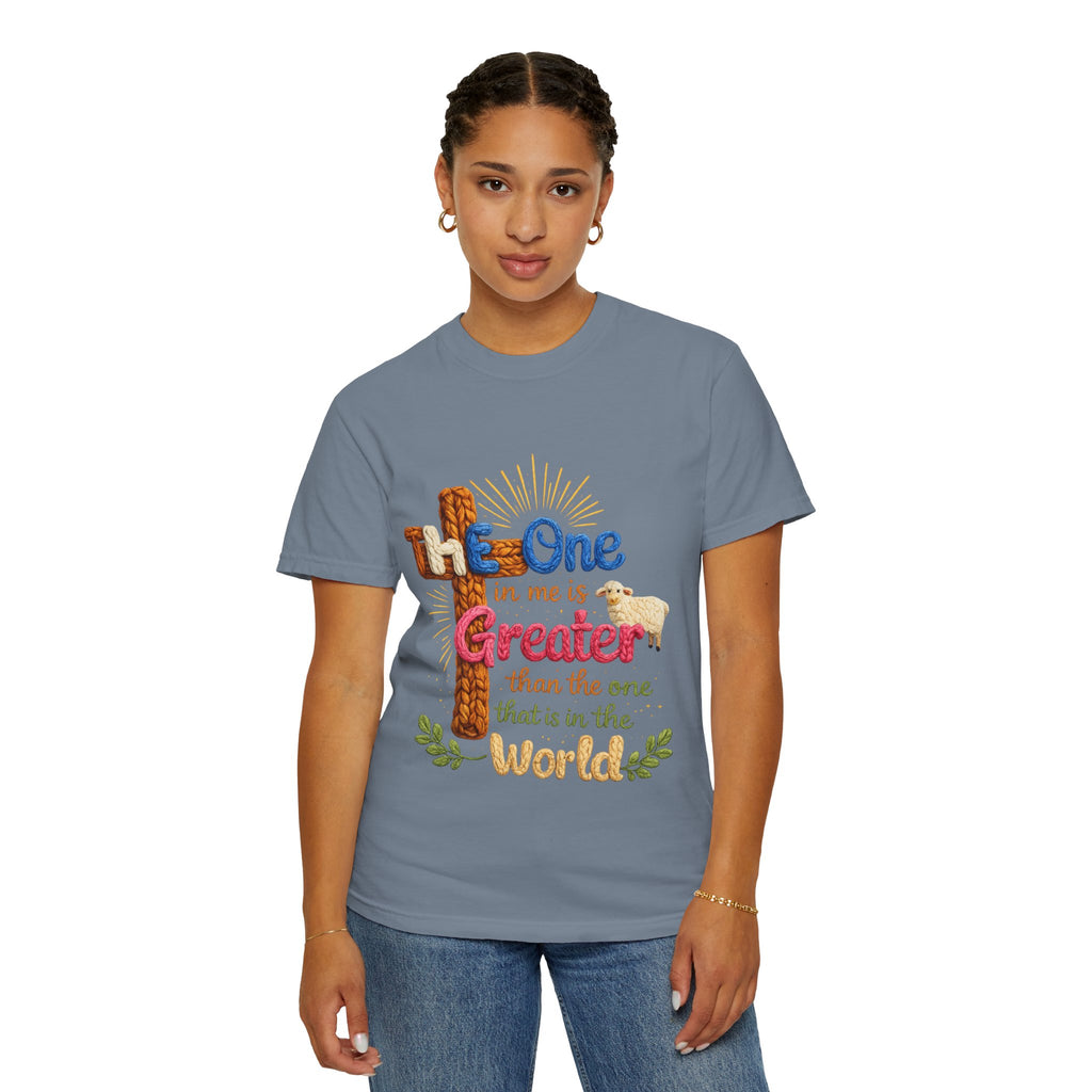 The One in Me Is Greater Shirt – Christian Crochet Style Graphic Tee, Faith Based Inspirational Bible Verse Shirt, Cute Religious Gift for Women