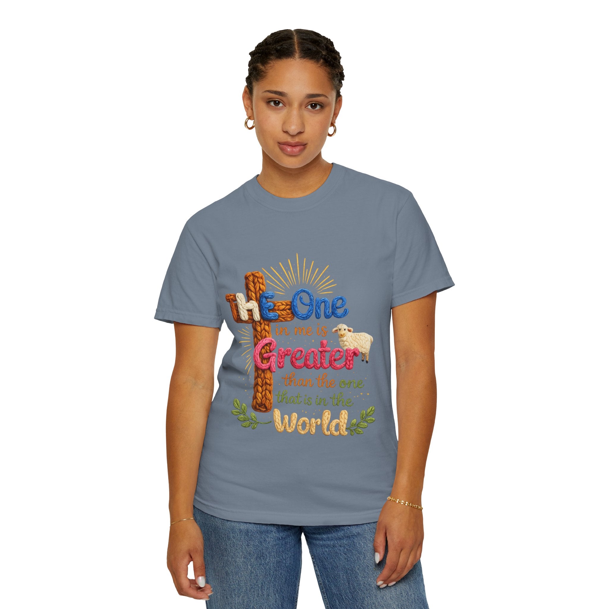The One in Me Is Greater Shirt – Christian Crochet Style Graphic Tee, Faith Based Inspirational Bible Verse Shirt, Cute Religious Gift for Women
