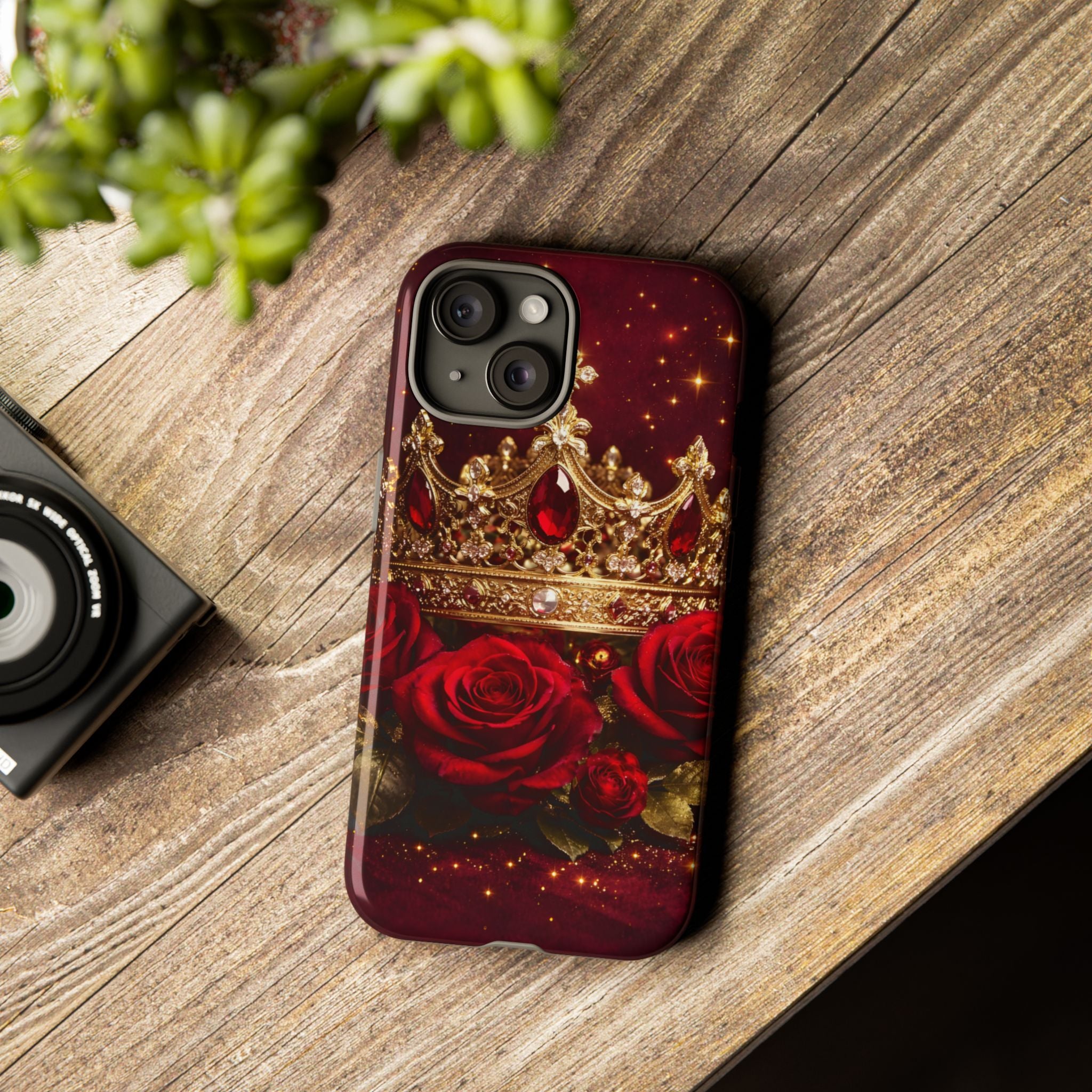 Royal Crown & Red Rose Luxury Phone Case – Gold Crown Burgundy Aesthetic iPhone Case, Regal Queen Floral Phone Cover