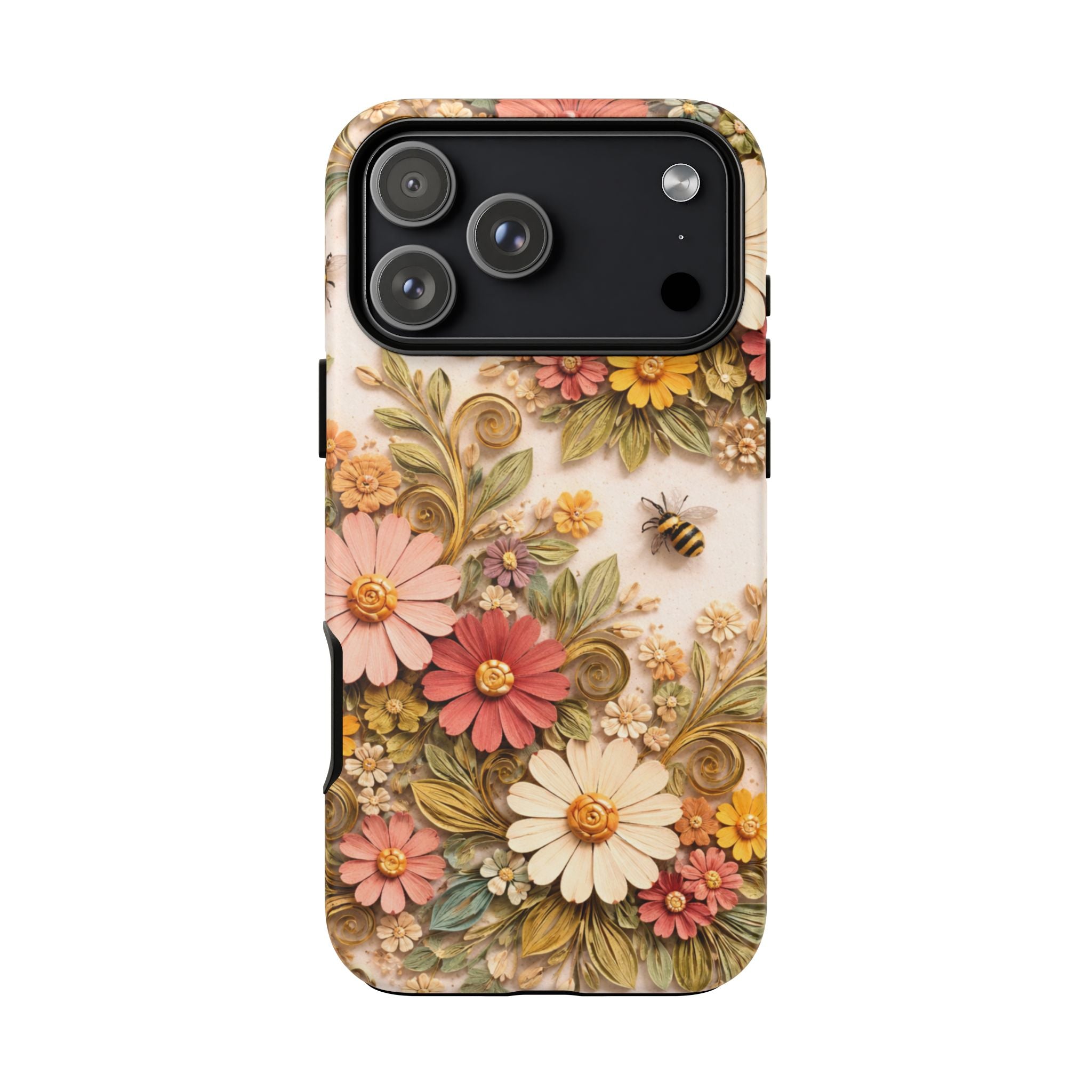 Floral Daisies Tough Phone Case — Vintage Garden Butterflies & Bees Protective Cover