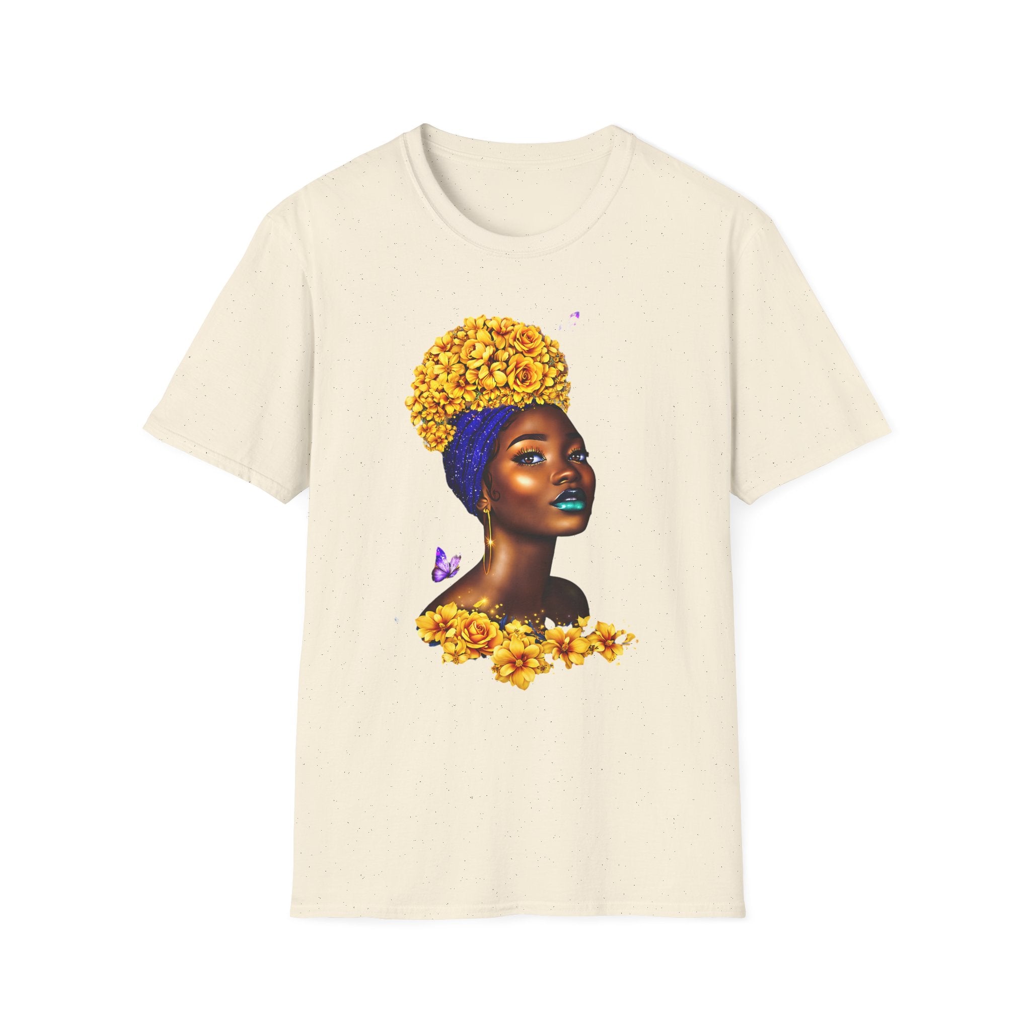 Floral Crown Portrait T-Shirt — Afrocentric Art Tee with Yellow Flower Headwrap