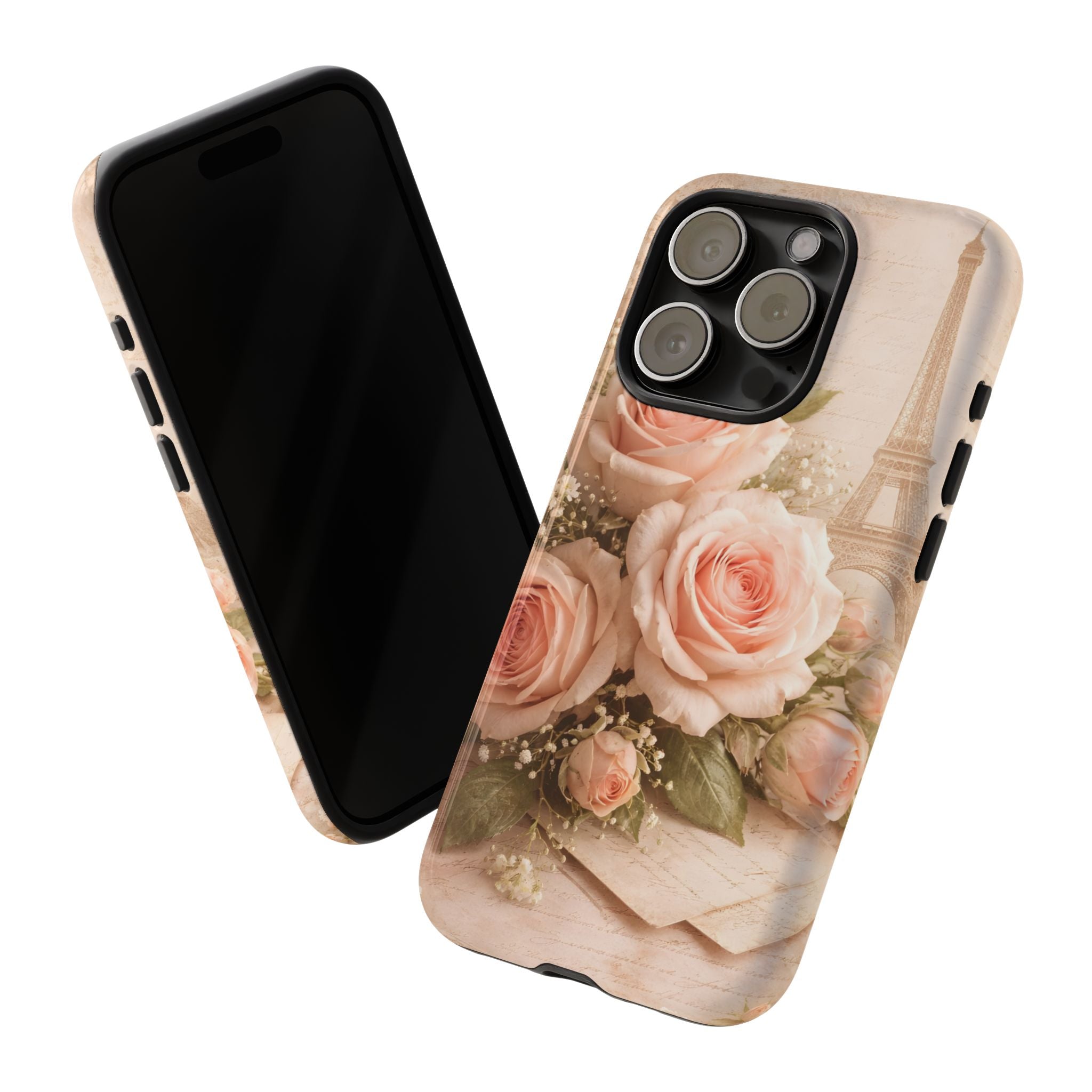 Vintage Parisian Rose Phone Case – Eiffel Tower Floral Aesthetic Luxury iPhone Case, Romantic Antique Paris Phone Cover