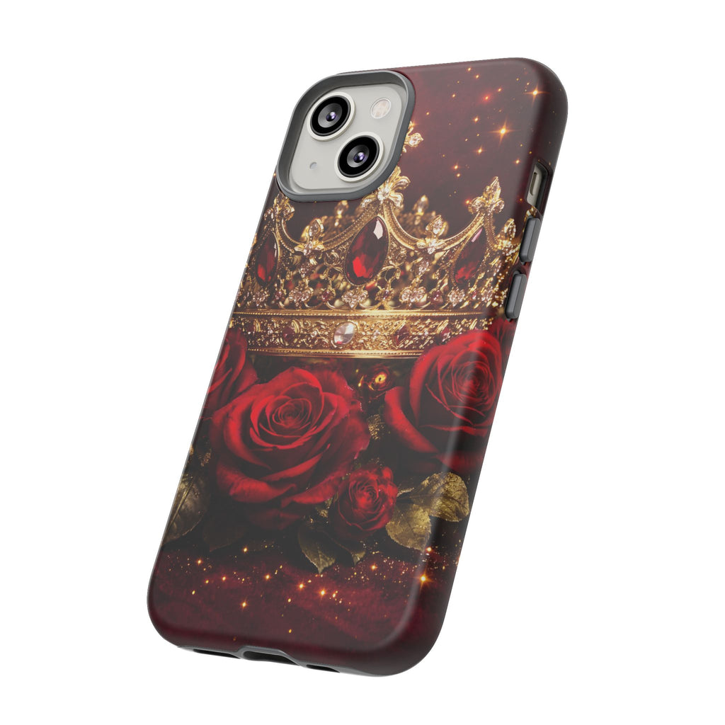 Royal Crown & Red Rose Luxury Phone Case – Gold Crown Burgundy Aesthetic iPhone Case, Regal Queen Floral Phone Cover