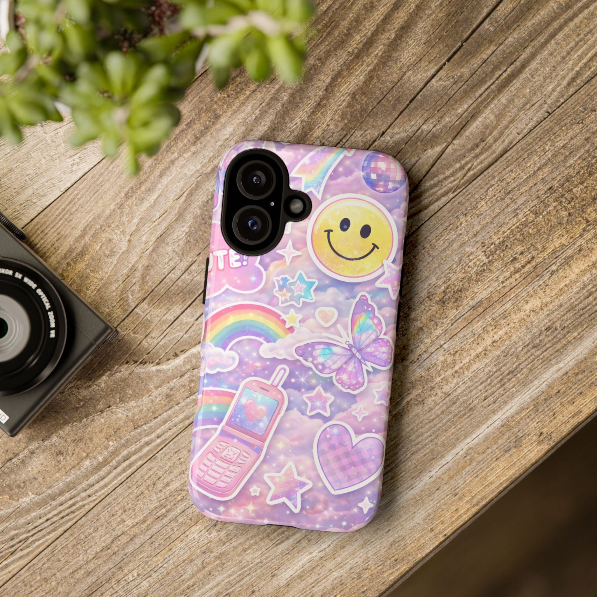 Pastel Y2K Tough Case — Cute Smiley, Rainbow & Butterfly Phone Case