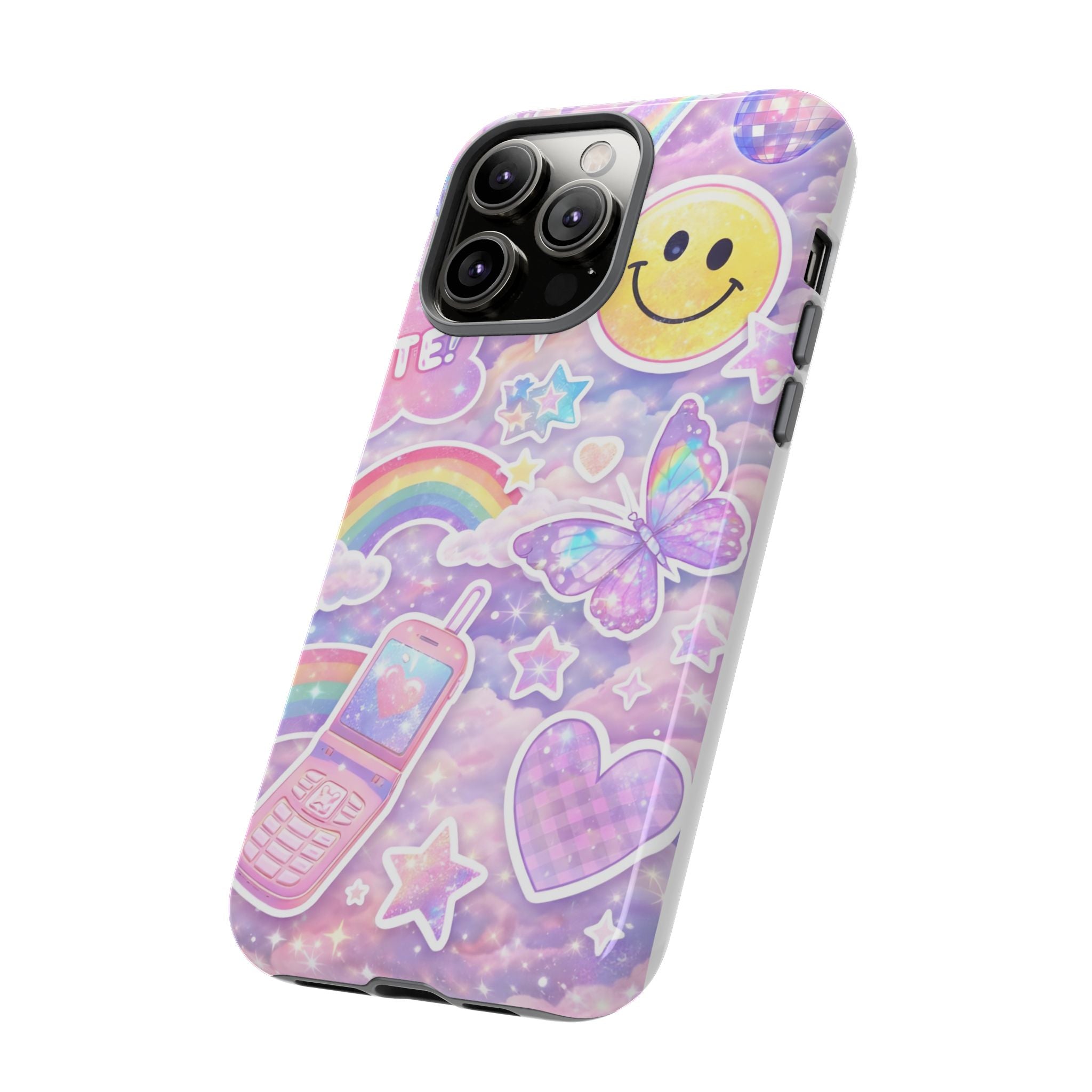 Pastel Y2K Tough Case — Cute Smiley, Rainbow & Butterfly Phone Case