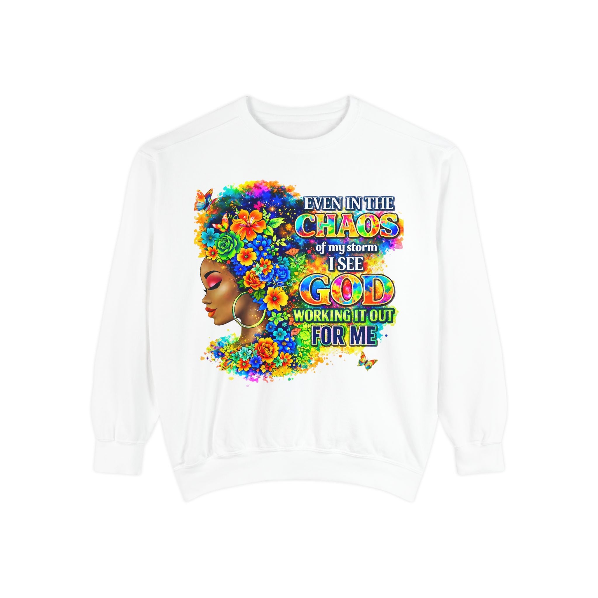 Even In The Midst I See God Sweatshirt – Faith-Based Floral Graphic Crewneck, Inspirational Christian Women’s Sweatshirt, Purple & Gold Aesthetic