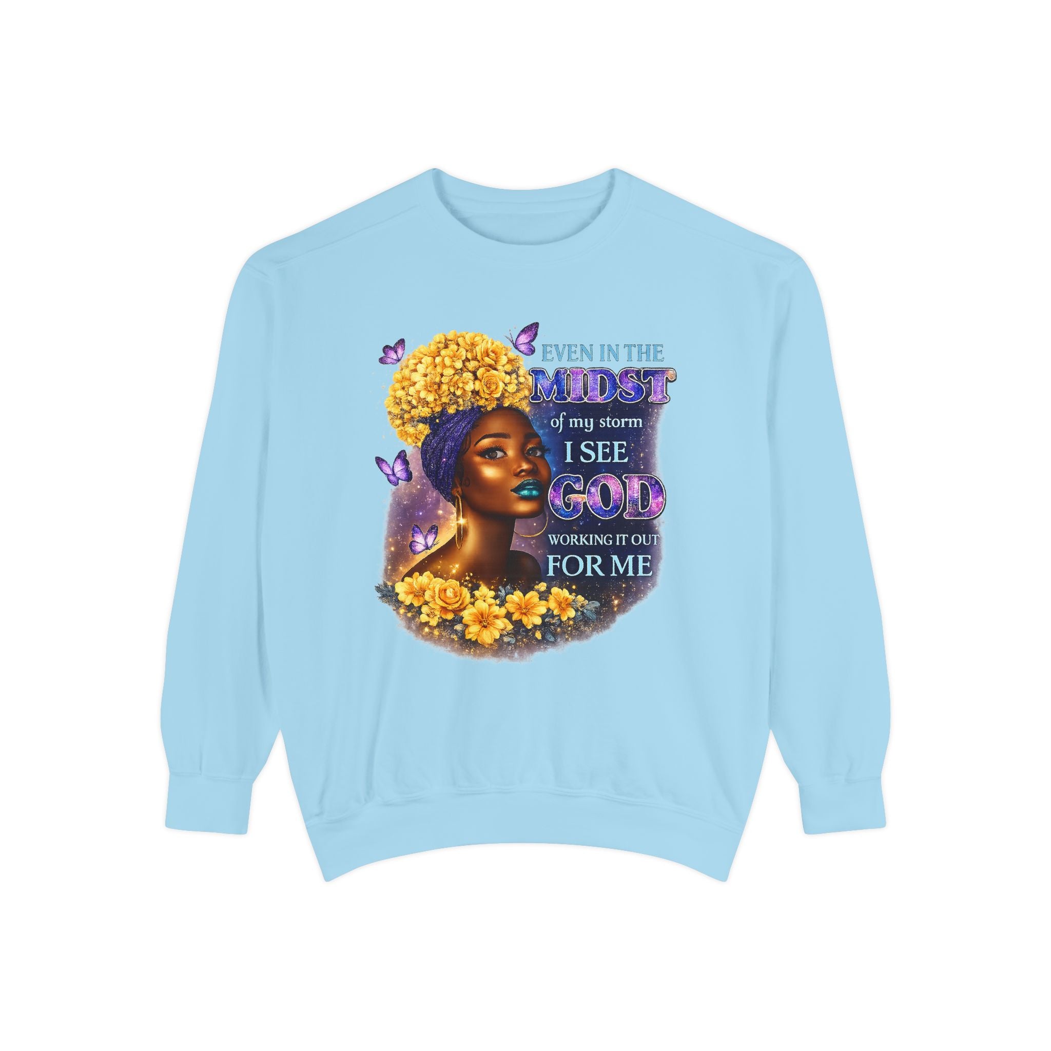 Even In The Midst I See God Sweatshirt – Faith-Based Floral Graphic Crewneck, Inspirational Christian Women’s Sweatshirt, Purple & Gold Aesthetic