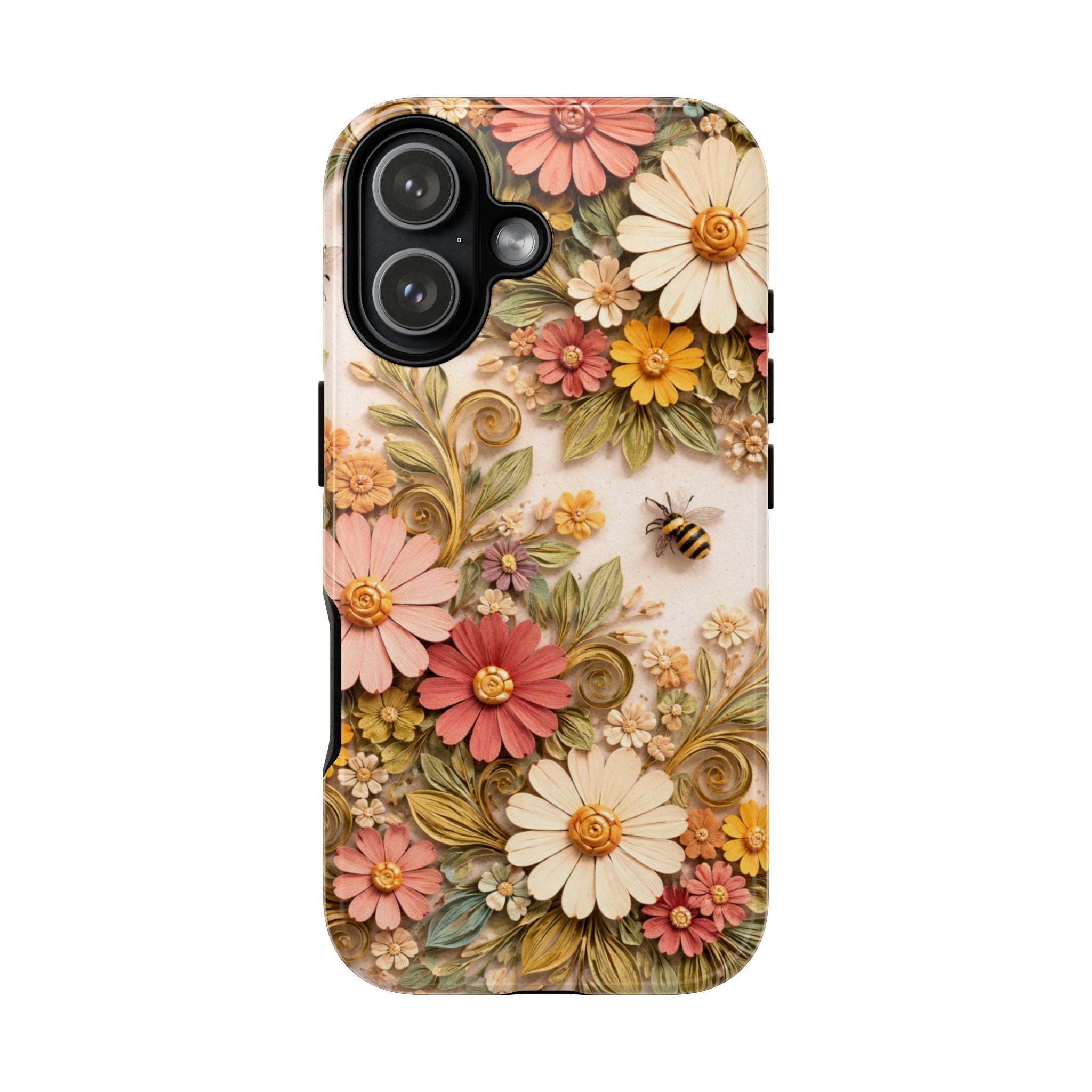 Floral Daisies Tough Phone Case — Vintage Garden Butterflies & Bees Protective Cover