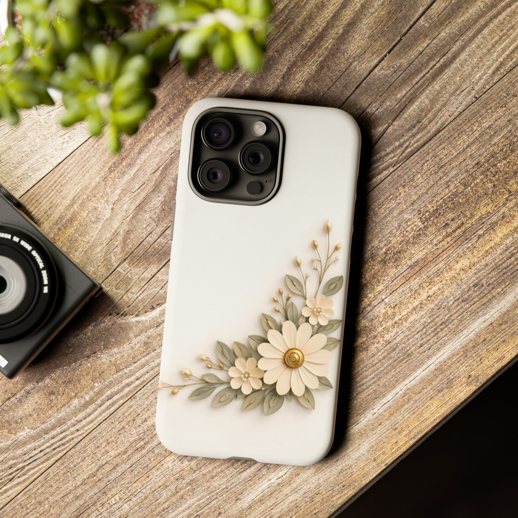 Floral Daisies Tough Case — Protective Phone Case with Cream Vintage Flower Design