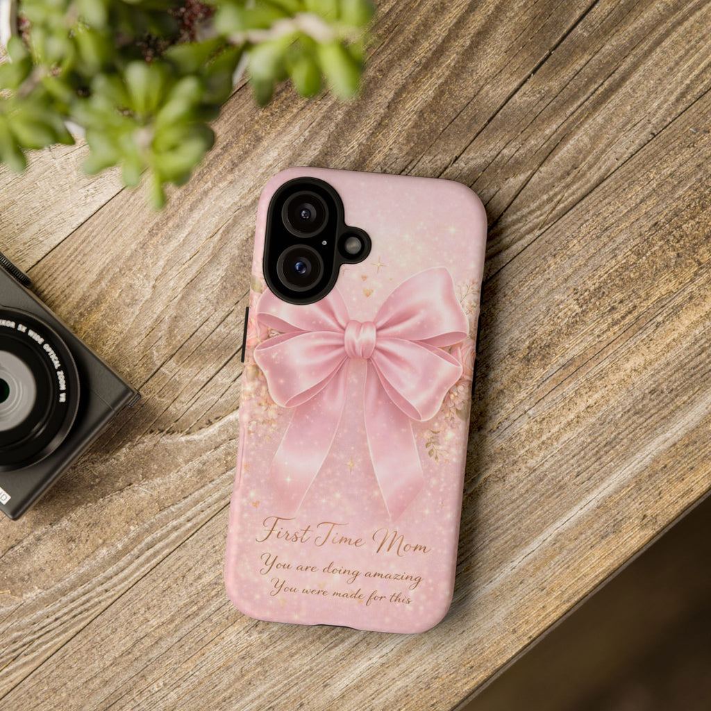 Coquette Pink Bow Phone Case, First Time Mom Aesthetic Case, Soft Girl iPhone Cover, Cute Feminine Mom Case