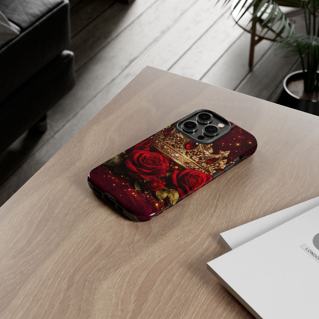 Royal Crown & Red Rose Luxury Phone Case – Gold Crown Burgundy Aesthetic iPhone Case, Regal Queen Floral Phone Cover