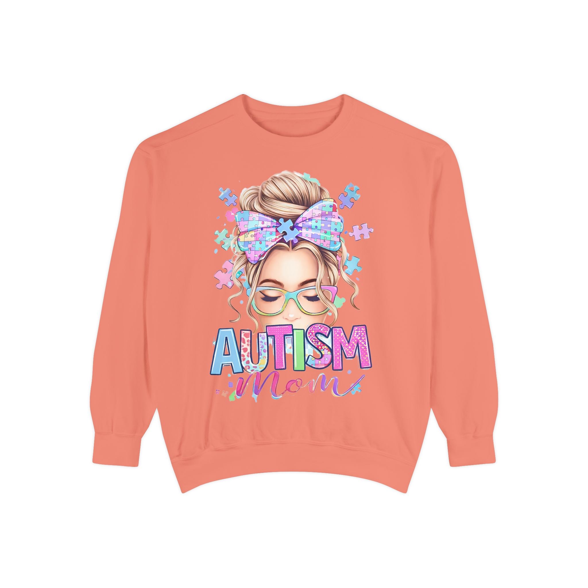 Autism Mom Sweatshirt — Puzzle-Print Headband & Pastel Logo Crewneck