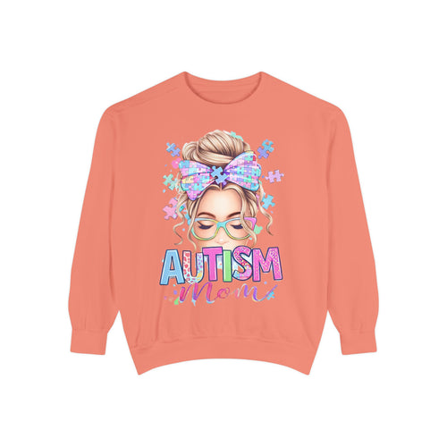 Autism Mom Sweatshirt — Puzzle-Print Headband & Pastel Logo Crewneck