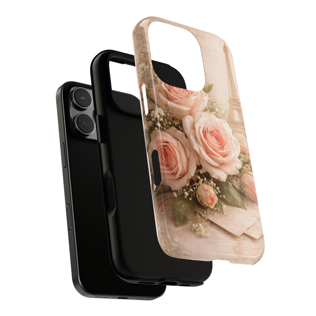 Vintage Parisian Rose Phone Case – Eiffel Tower Floral Aesthetic Luxury iPhone Case, Romantic Antique Paris Phone Cover