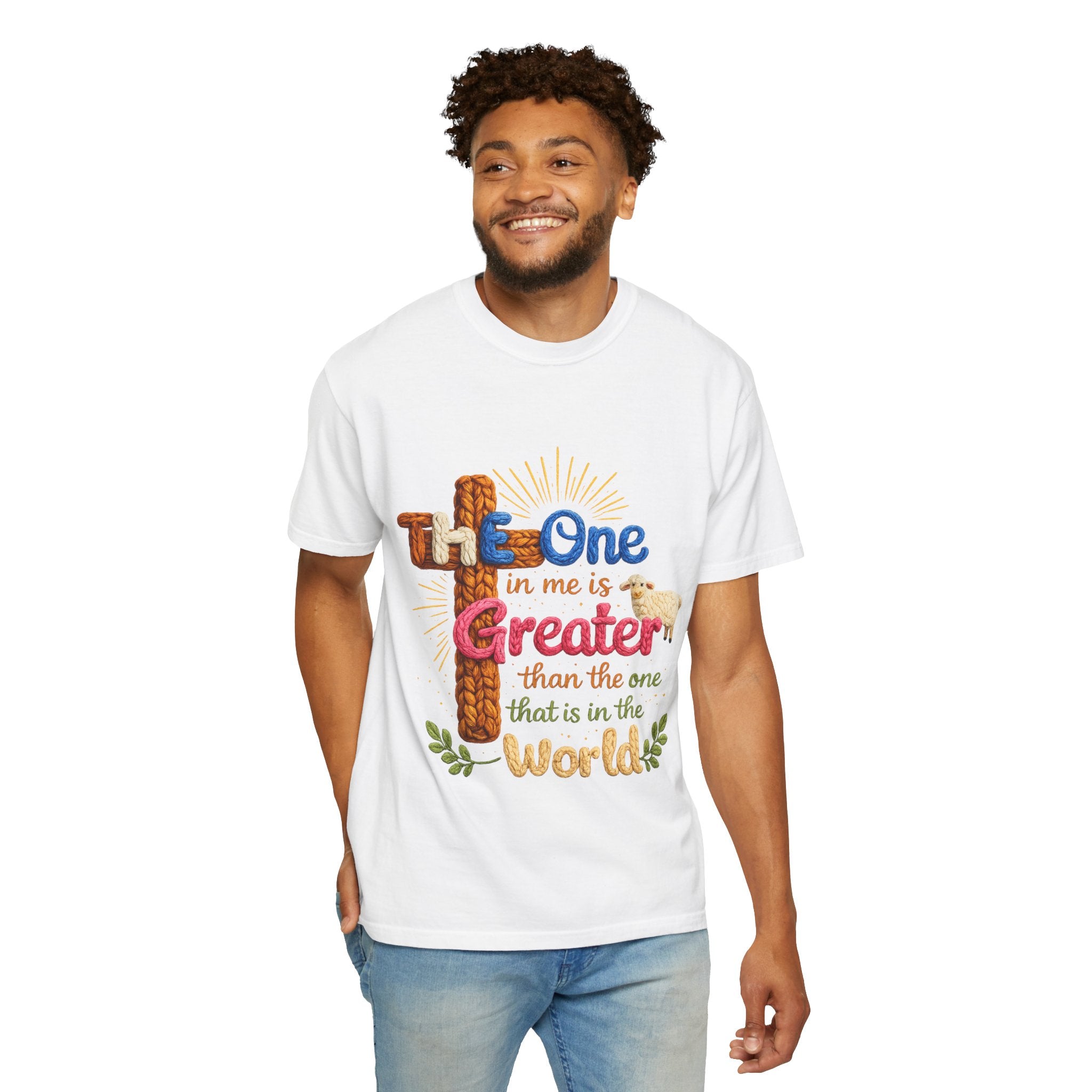 The One in Me Is Greater Shirt – Christian Crochet Style Graphic Tee, Faith Based Inspirational Bible Verse Shirt, Cute Religious Gift for Women