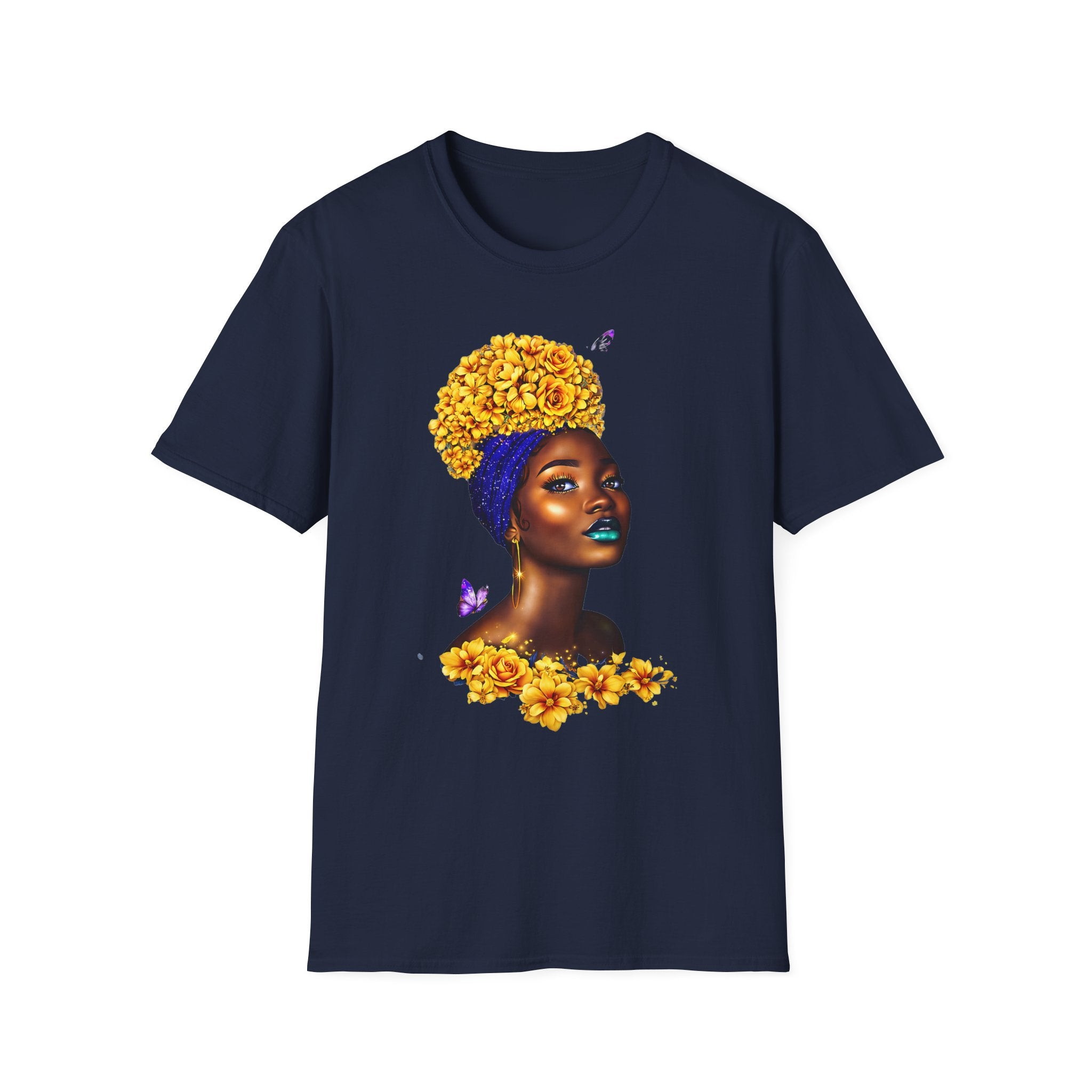 Floral Crown Portrait T-Shirt — Afrocentric Art Tee with Yellow Flower Headwrap