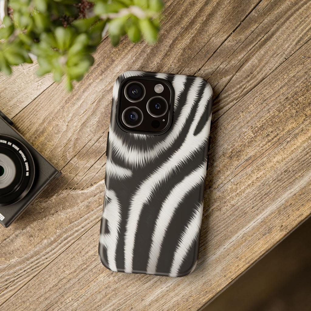 Zebra Print Tough Phone Case — Black & White Animal Pattern Protective Cover