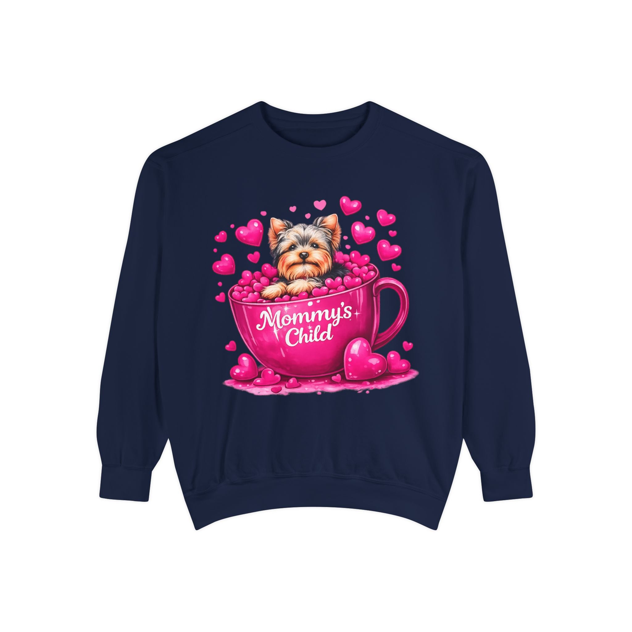 Mommy’s Child Yorkie Shirt – Cute Puppy in Mug Graphic Tee, Dog Lover Gift, Pink Heart Aesthetic, Yorkshire Terrier T-Shirt for Women
