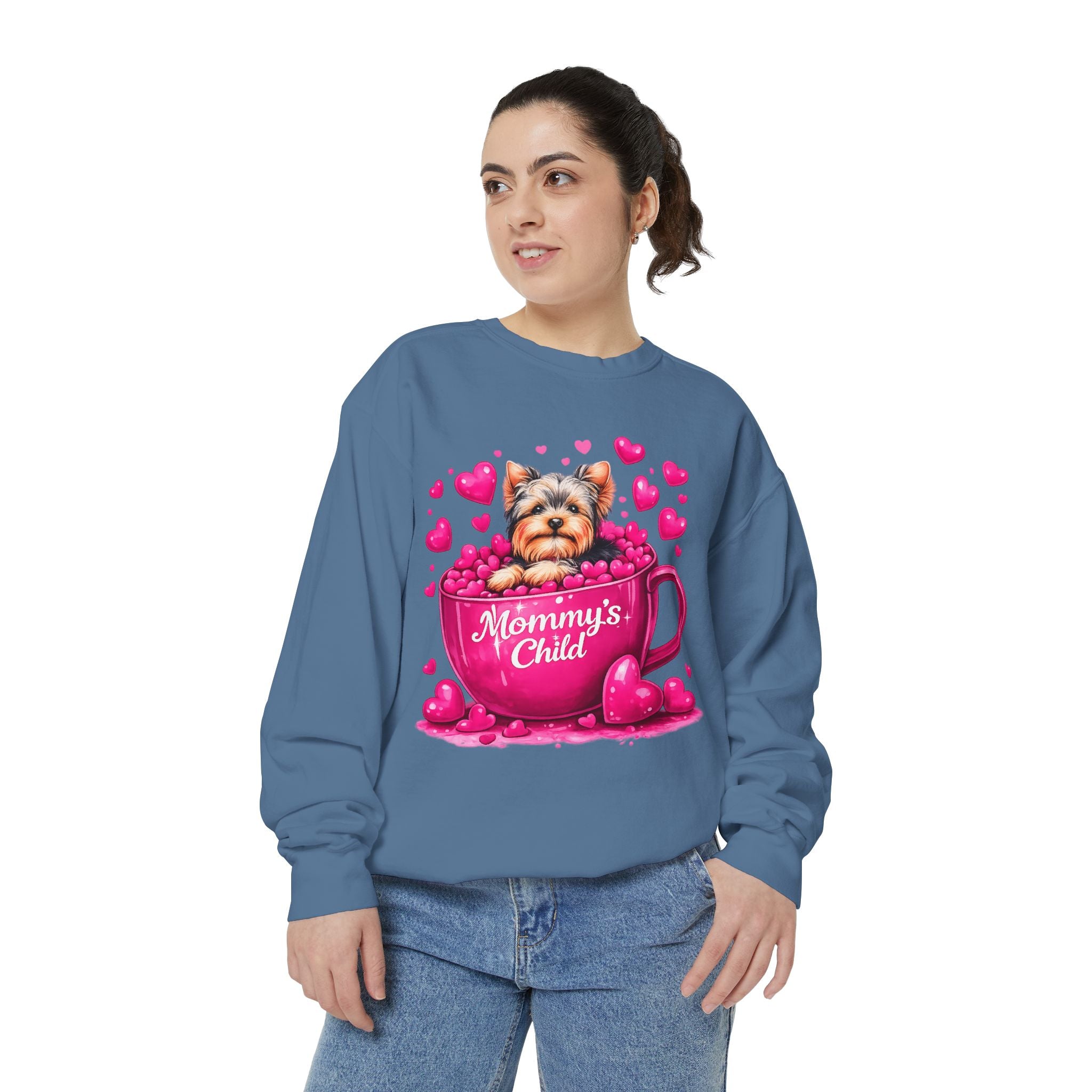 Mommy’s Child Yorkie Shirt – Cute Puppy in Mug Graphic Tee, Dog Lover Gift, Pink Heart Aesthetic, Yorkshire Terrier T-Shirt for Women