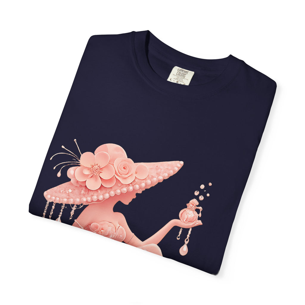 Coquette Floral Lady T-Shirt – Vintage Pink Rose Girl Graphic Tee, Feminine Aesthetic Shirt, Soft Glam Fashion Top for Women