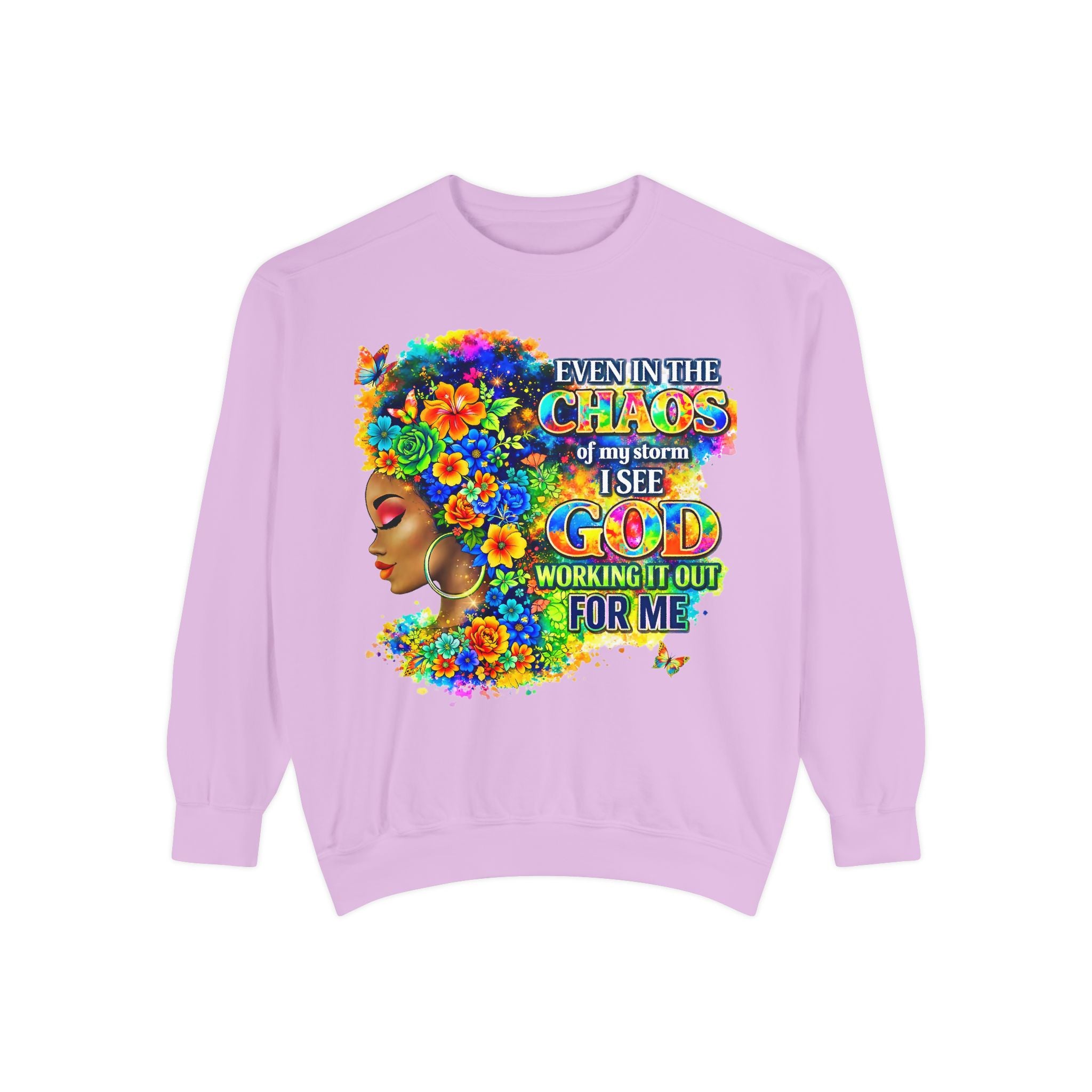 Even In The Midst I See God Sweatshirt – Faith-Based Floral Graphic Crewneck, Inspirational Christian Women’s Sweatshirt, Purple & Gold Aesthetic