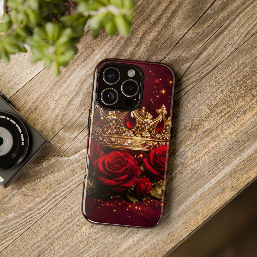 Royal Crown & Red Rose Luxury Phone Case – Gold Crown Burgundy Aesthetic iPhone Case, Regal Queen Floral Phone Cover