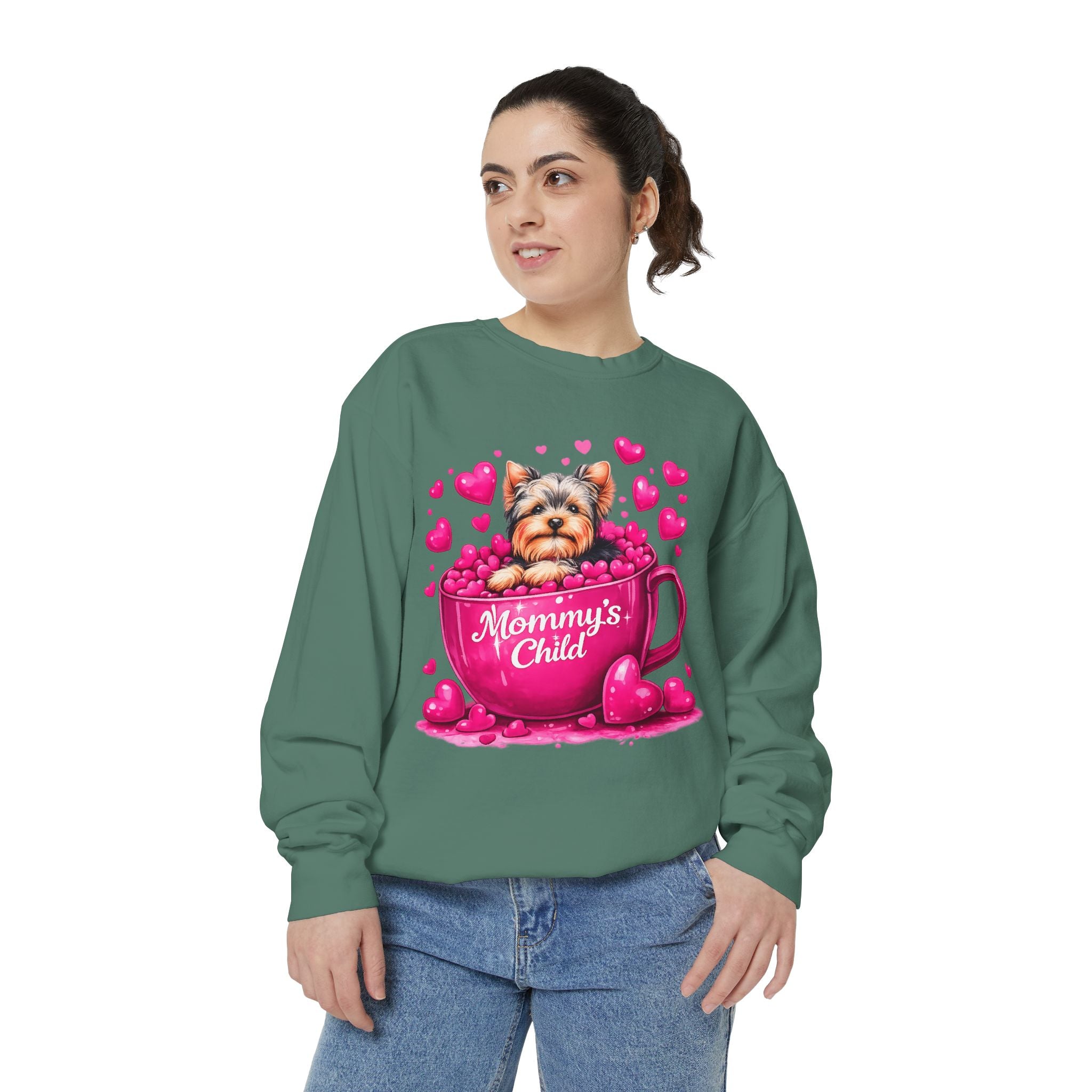 Mommy’s Child Yorkie Shirt – Cute Puppy in Mug Graphic Tee, Dog Lover Gift, Pink Heart Aesthetic, Yorkshire Terrier T-Shirt for Women