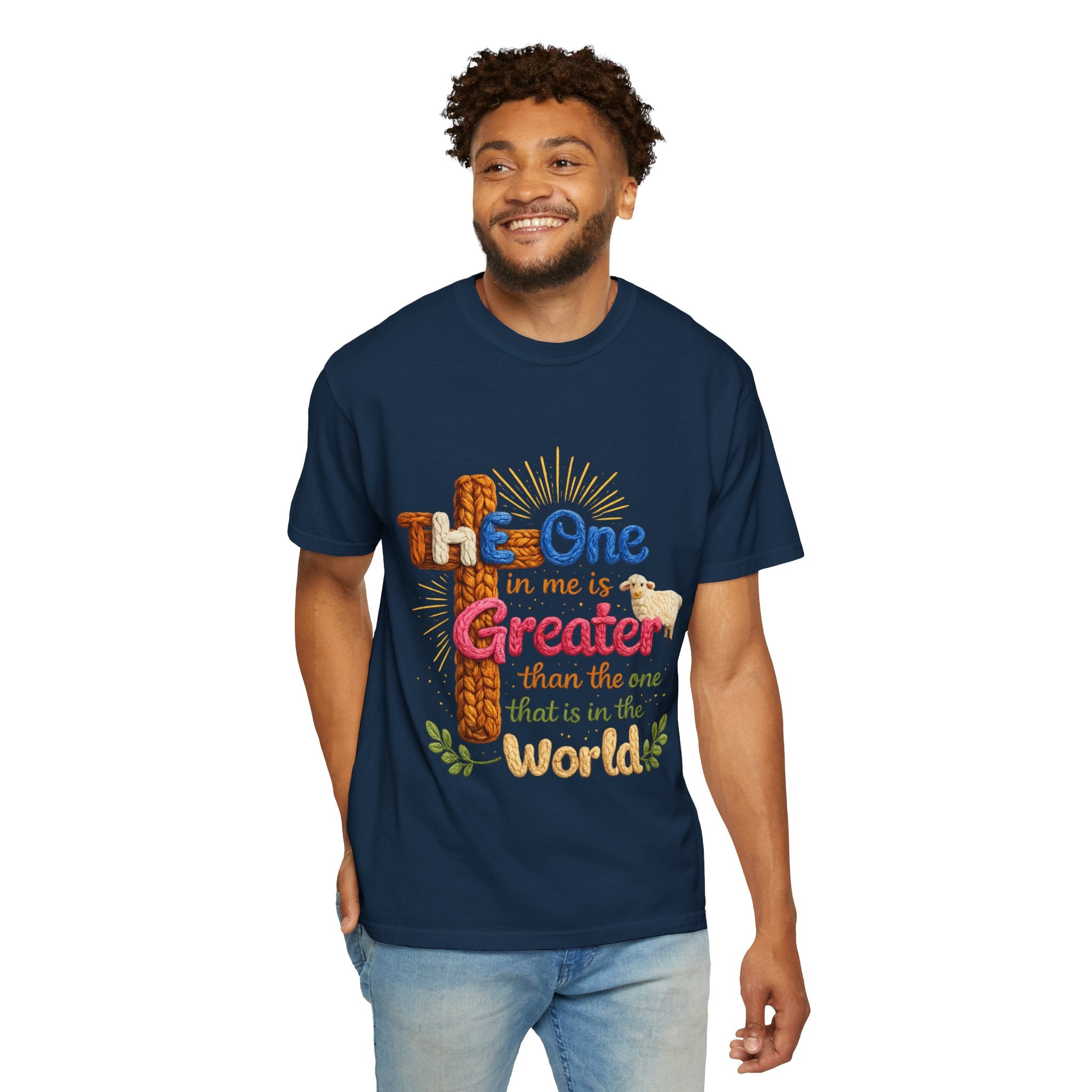 The One in Me Is Greater Shirt – Christian Crochet Style Graphic Tee, Faith Based Inspirational Bible Verse Shirt, Cute Religious Gift for Women
