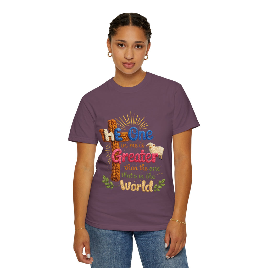 The One in Me Is Greater Shirt – Christian Crochet Style Graphic Tee, Faith Based Inspirational Bible Verse Shirt, Cute Religious Gift for Women