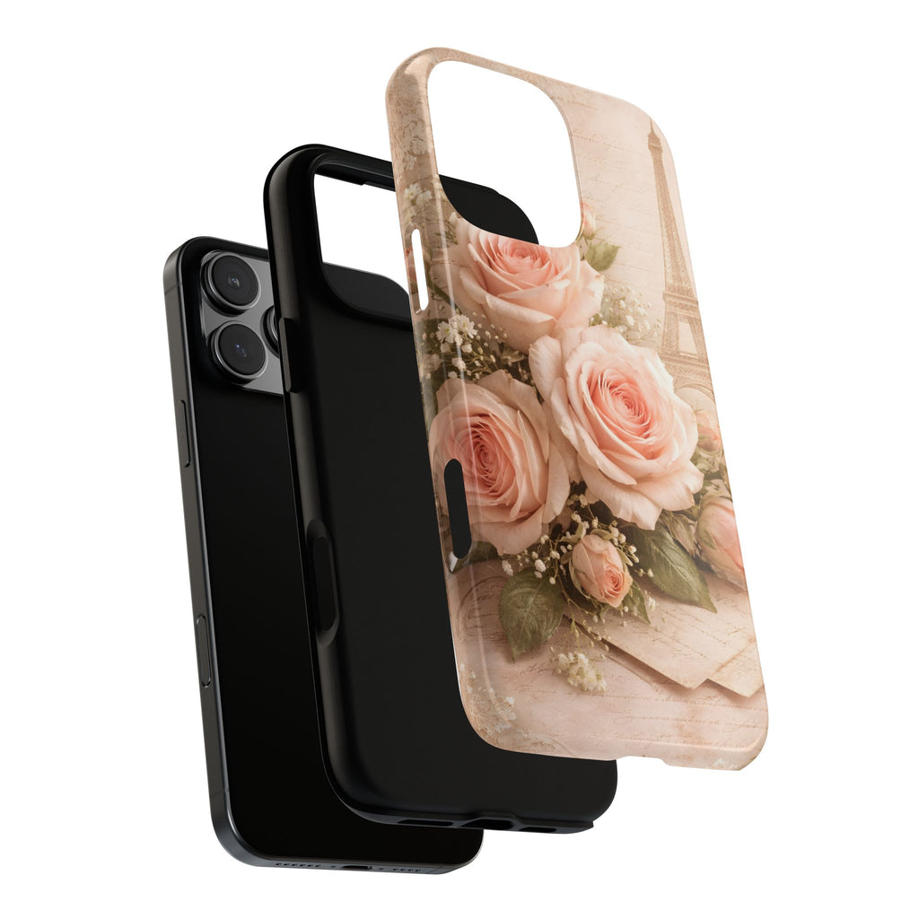 Vintage Parisian Rose Phone Case – Eiffel Tower Floral Aesthetic Luxury iPhone Case, Romantic Antique Paris Phone Cover