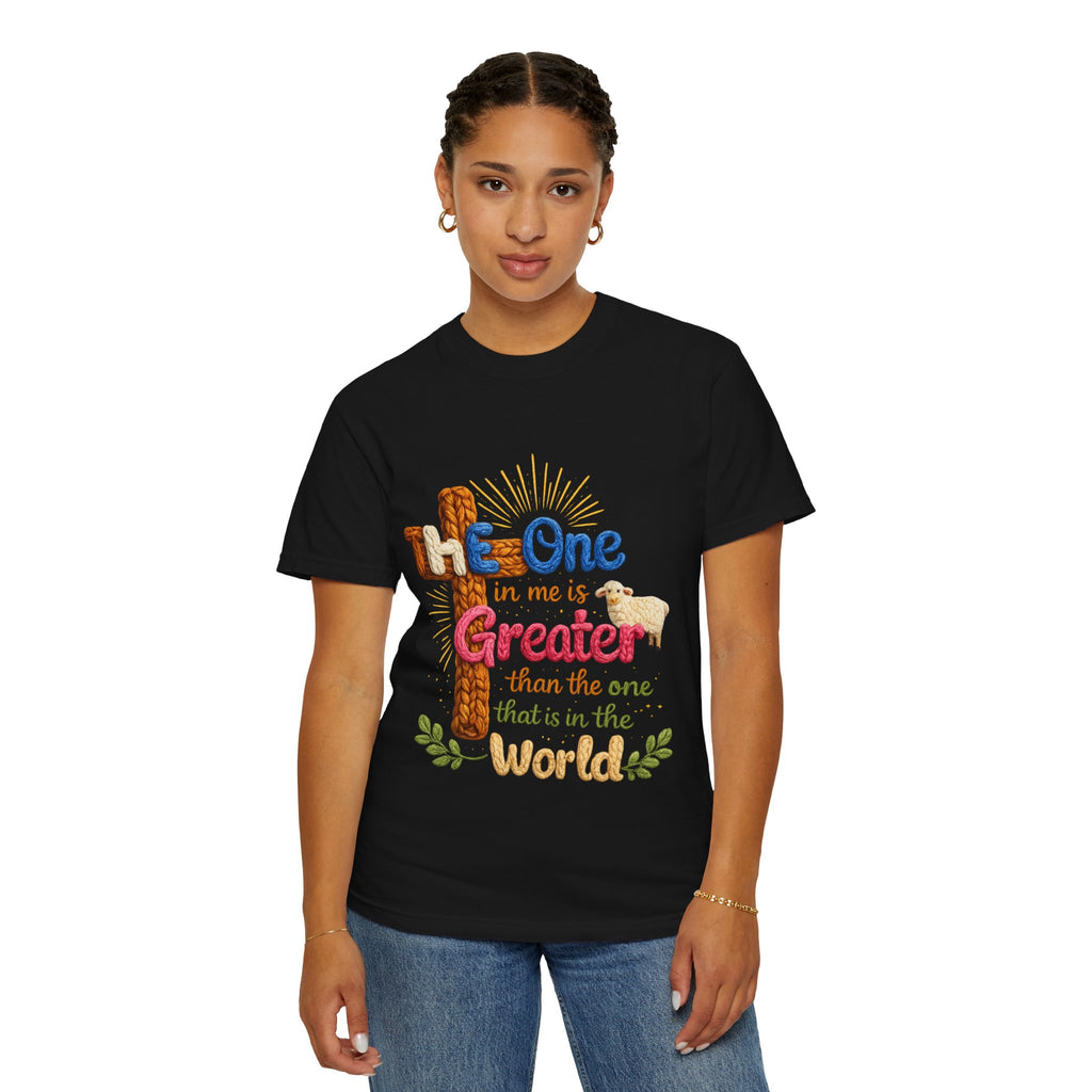 The One in Me Is Greater Shirt – Christian Crochet Style Graphic Tee, Faith Based Inspirational Bible Verse Shirt, Cute Religious Gift for Women