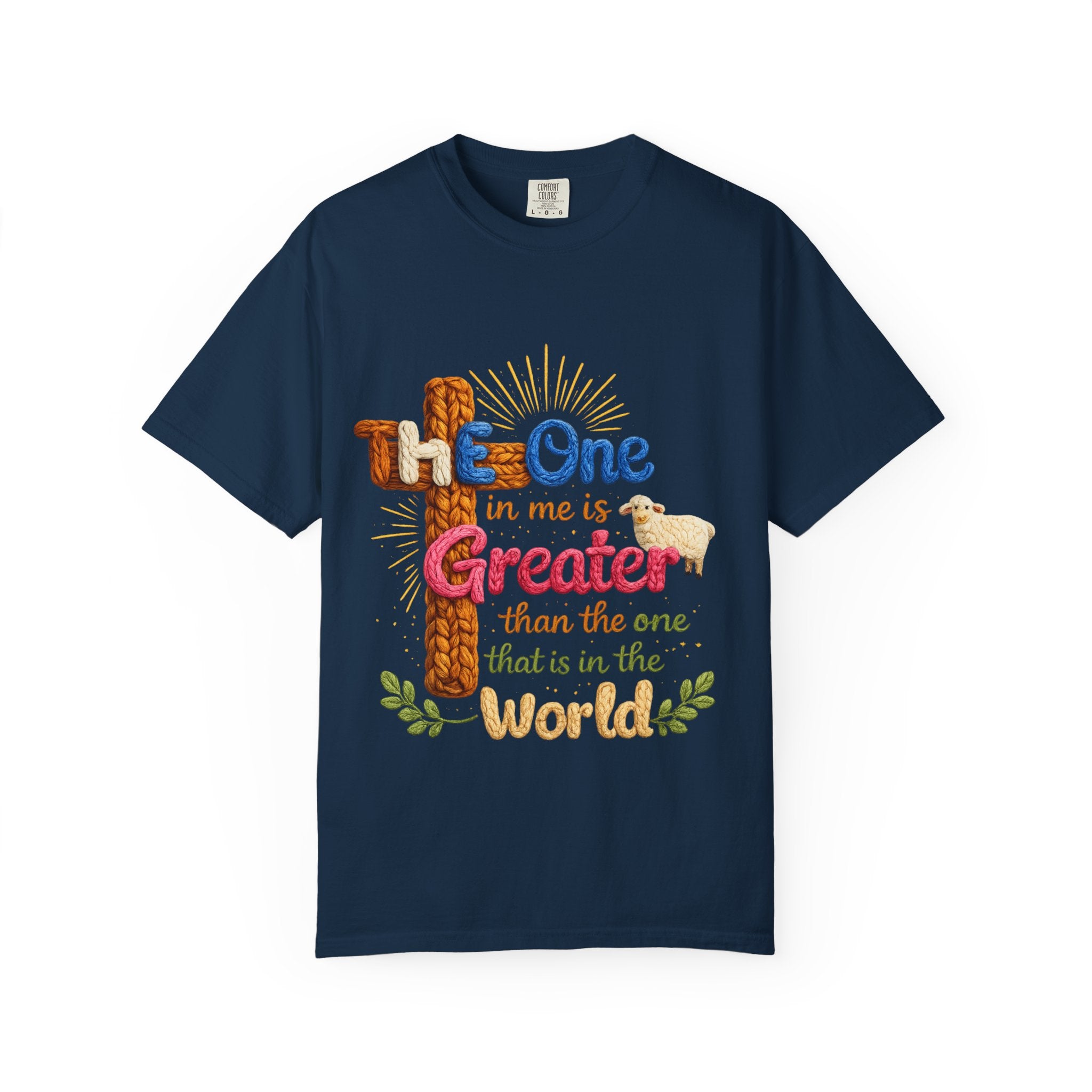 The One in Me Is Greater Shirt – Christian Crochet Style Graphic Tee, Faith Based Inspirational Bible Verse Shirt, Cute Religious Gift for Women