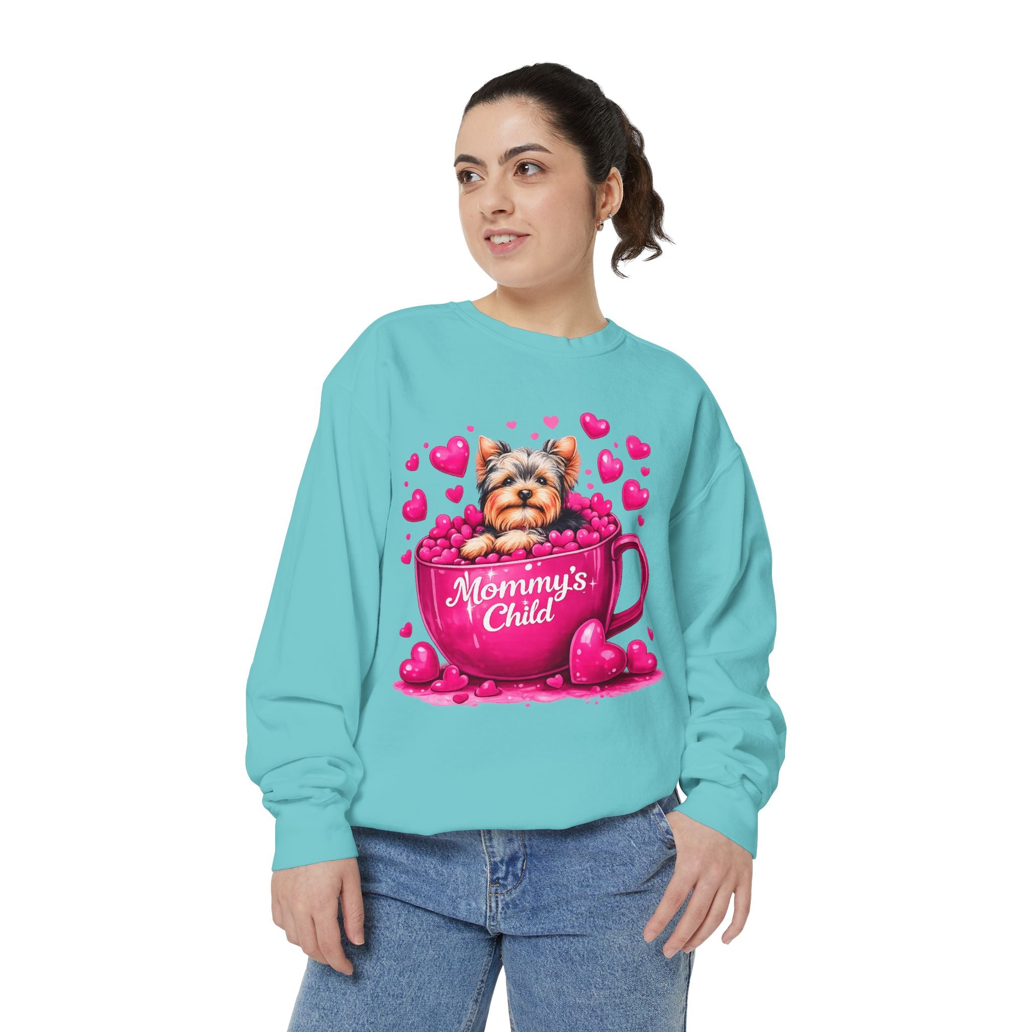 Mommy’s Child Yorkie Shirt – Cute Puppy in Mug Graphic Tee, Dog Lover Gift, Pink Heart Aesthetic, Yorkshire Terrier T-Shirt for Women