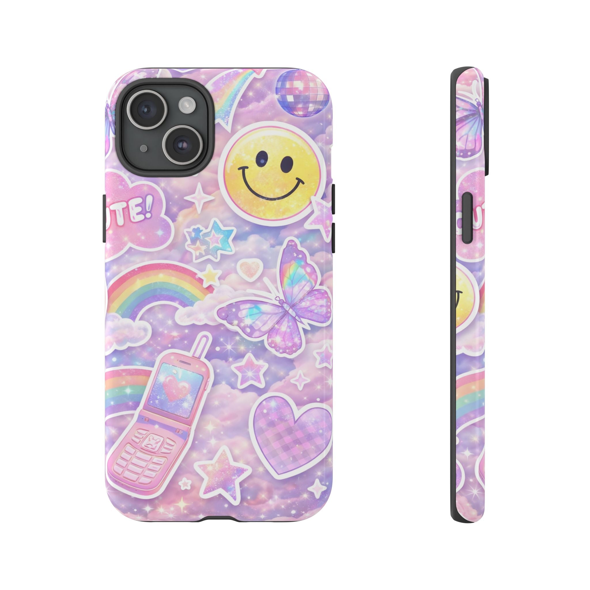 Pastel Y2K Tough Case — Cute Smiley, Rainbow & Butterfly Phone Case