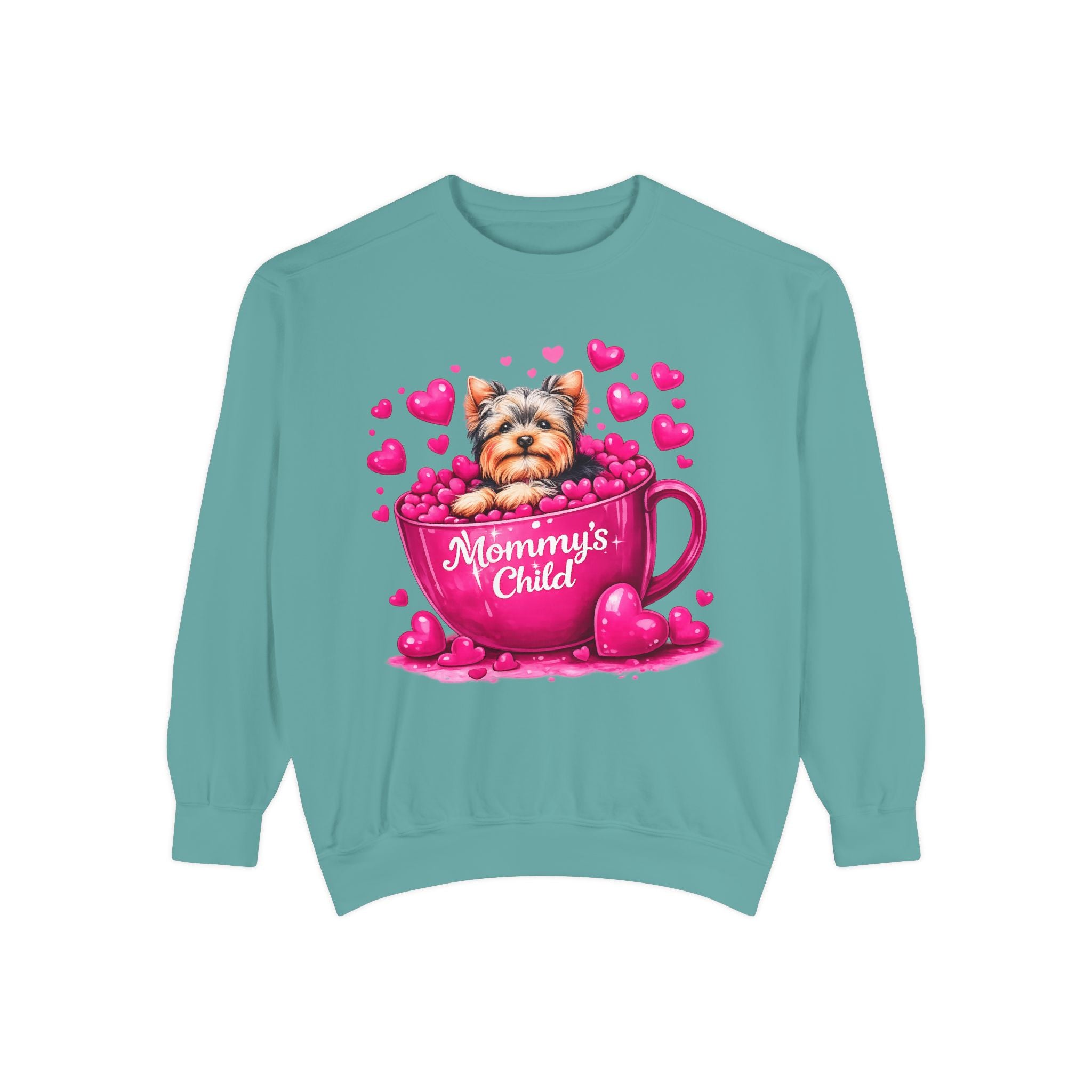Mommy’s Child Yorkie Shirt – Cute Puppy in Mug Graphic Tee, Dog Lover Gift, Pink Heart Aesthetic, Yorkshire Terrier T-Shirt for Women