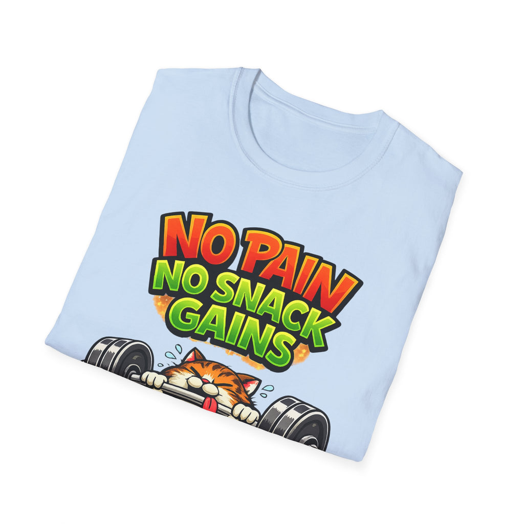 Funny Gym Cat Shirt, No Pain No Snack Gains Tee, Workout Motivation Shirt, Fitness Humor T-Shirt for Men & Women