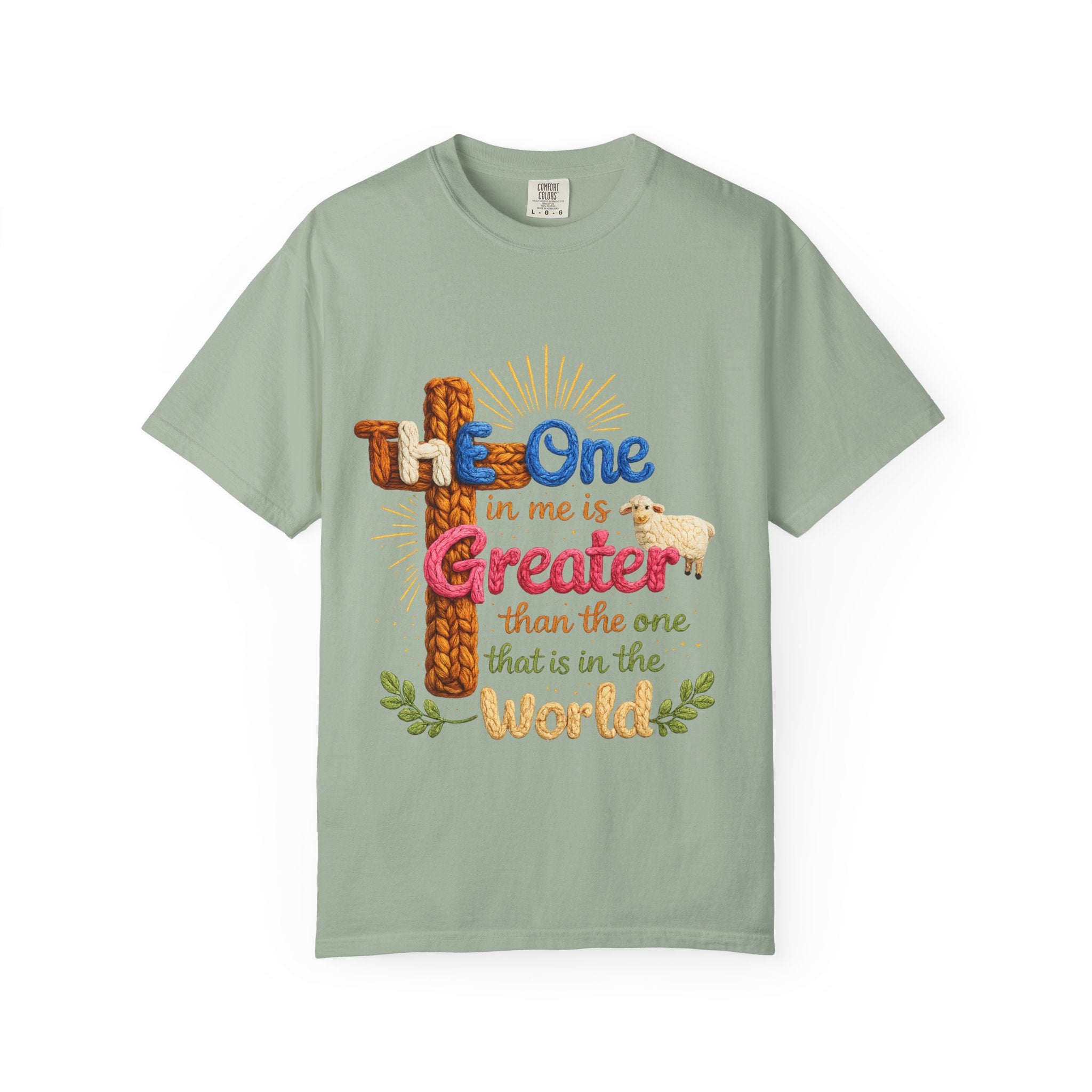 The One in Me Is Greater Shirt – Christian Crochet Style Graphic Tee, Faith Based Inspirational Bible Verse Shirt, Cute Religious Gift for Women
