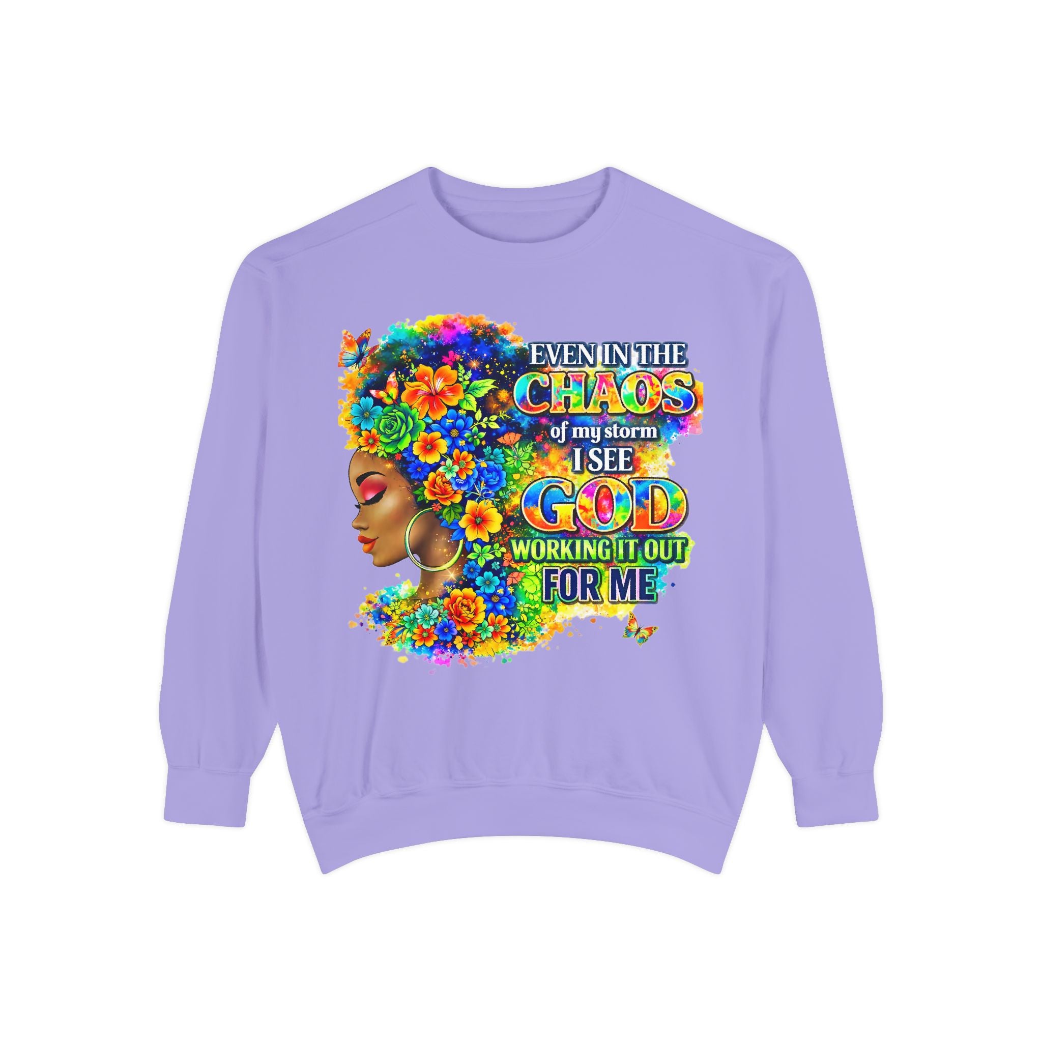 Even In The Midst I See God Sweatshirt – Faith-Based Floral Graphic Crewneck, Inspirational Christian Women’s Sweatshirt, Purple & Gold Aesthetic