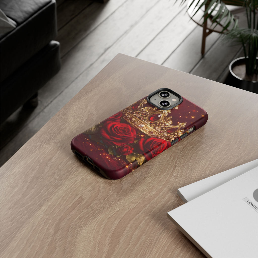 Royal Crown & Red Rose Luxury Phone Case – Gold Crown Burgundy Aesthetic iPhone Case, Regal Queen Floral Phone Cover