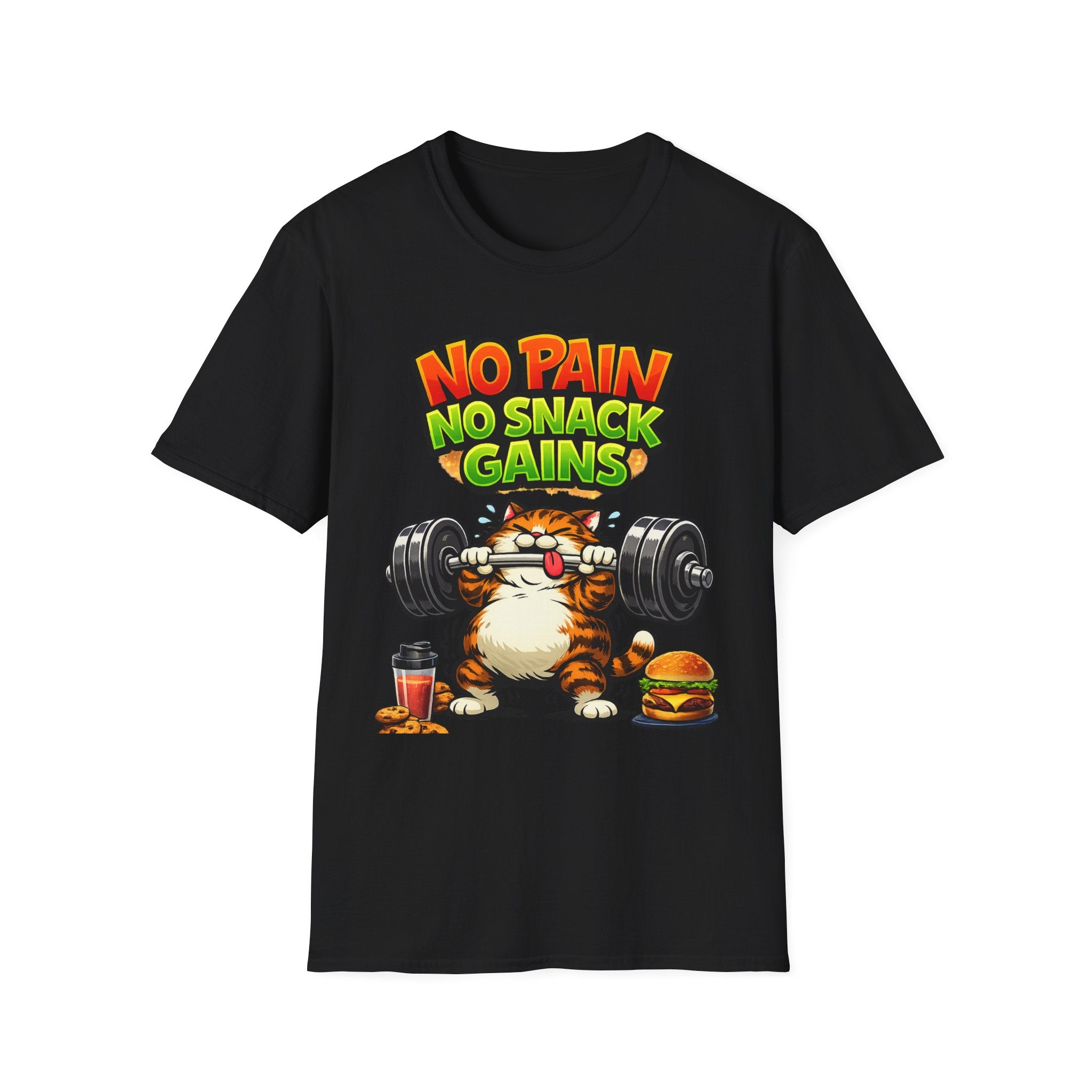 Funny Gym Cat Shirt, No Pain No Snack Gains Tee, Workout Motivation Shirt, Fitness Humor T-Shirt for Men & Women