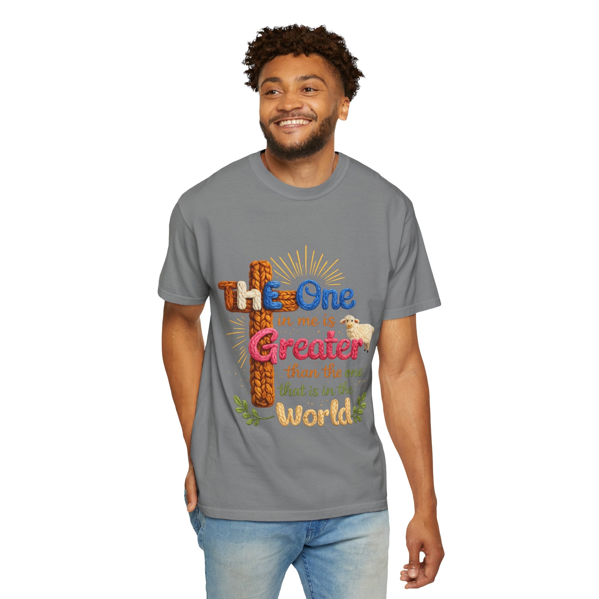 The One in Me Is Greater Shirt – Christian Crochet Style Graphic Tee, Faith Based Inspirational Bible Verse Shirt, Cute Religious Gift for Women