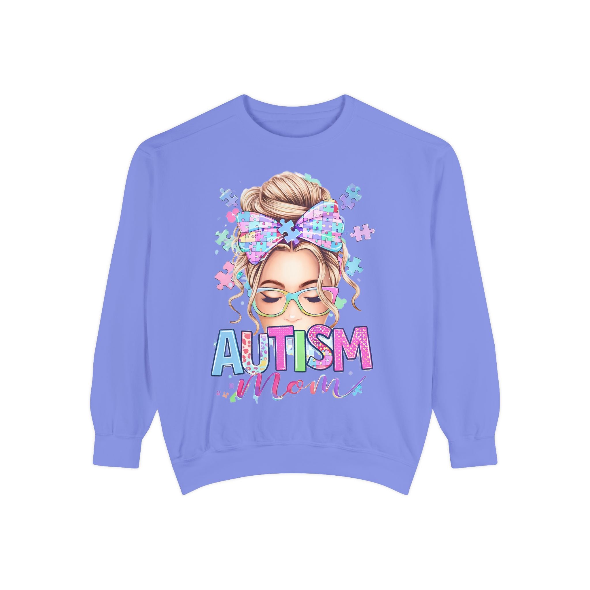Autism Mom Sweatshirt — Puzzle-Print Headband & Pastel Logo Crewneck